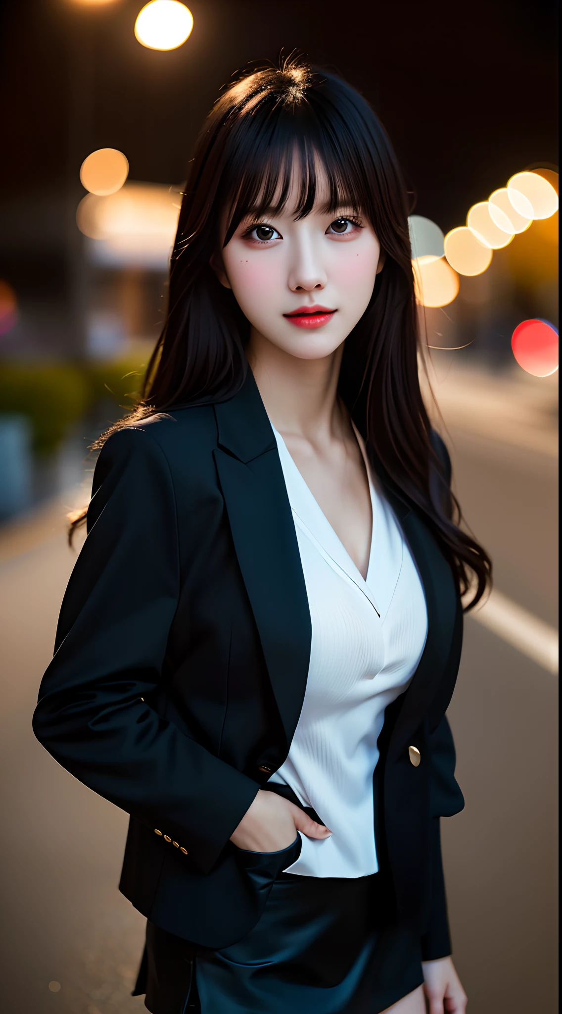 best quality, masterpiece, 1girl, Beautiful face, (photo realistic:1.3), rim lighting, (high detailed skin:1.2), 8k uhd, dslr, high quality, high resolution, 4k, 8k, Bokeh, absurdres, best ratio four finger and one thumb, (realistic:1.3), cute 1girl, wearing black formal blazer, medium breasts, short skirt,