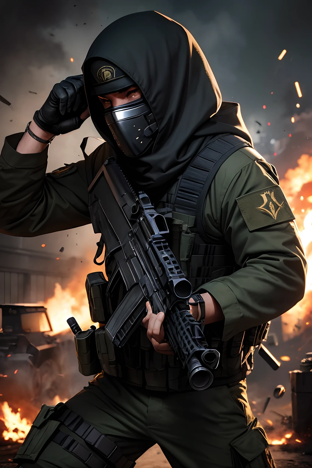 basilisk mask terrorist, cross fire style, gun to the camera, shooting, lying on the battle field, explosion on the head, battle field, masterpiece, ultra high quality, ultra high detail
