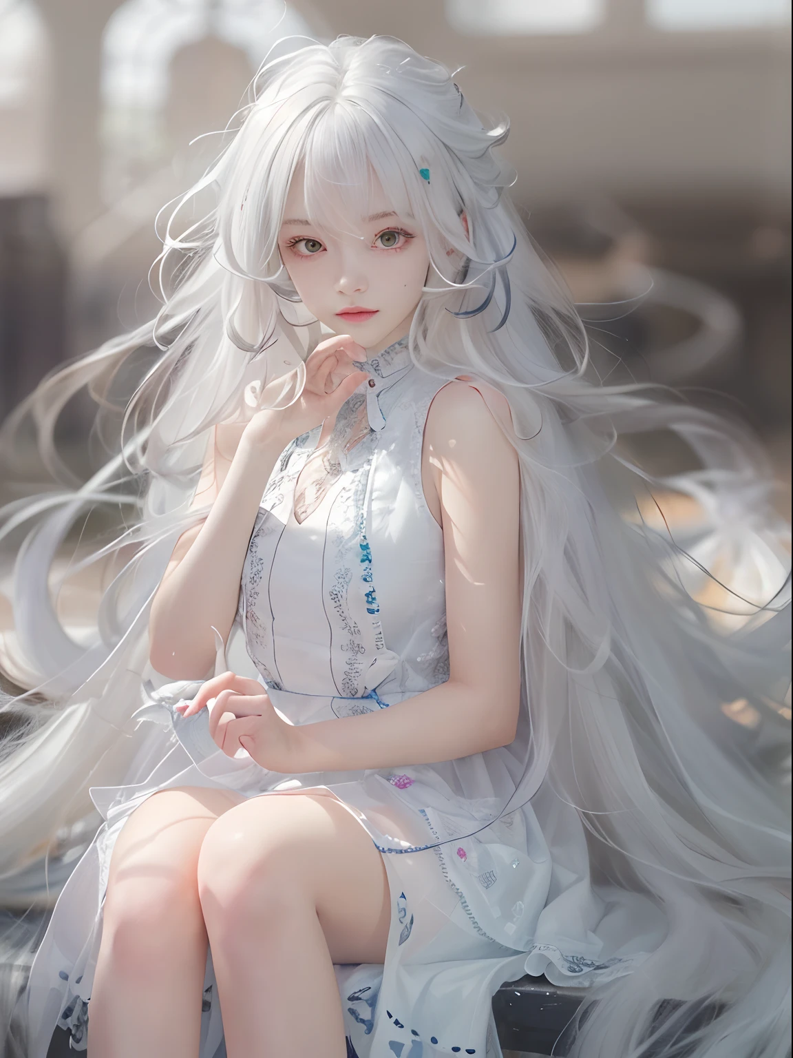 (masterpiece, best quality, high quality), 1 girl, ((unmoved)), sitting, looking at the audience, white hair, (long hair, messy hair), red eyes, :(, flowing hair