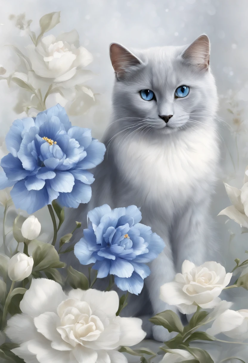 「It is a design with the theme of Russian blue cat and blue flowers。The characteristic blue fur of the Russian Blue cat is depicted in detail、Blue flowers spread elegantly around。Pale background and delicate light and dark、Bringing tranquility and beauty to the design。It is a work that expresses the charm of the Russian blue cat and the elegance of blue flowers.。Top image quality１２ｋ