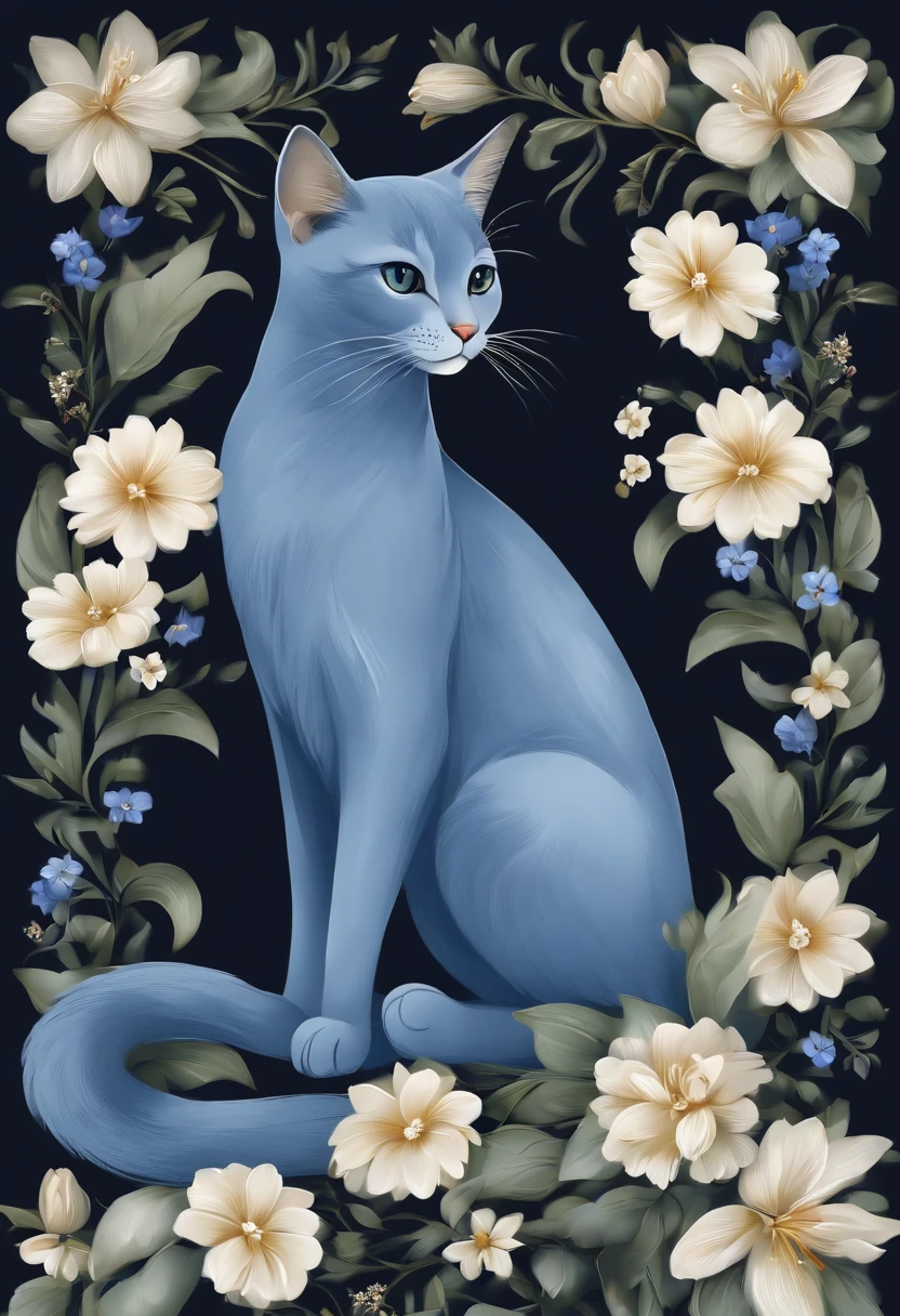 「It is a design with the theme of Russian blue cat and blue flowers。The characteristic blue fur of the Russian Blue cat is depicted in detail、Blue flowers spread elegantly around。Pale background and delicate light and dark、Bringing tranquility and beauty to the design。It is a work that expresses the charm of the Russian blue cat and the elegance of blue flowers.。Top image quality12k