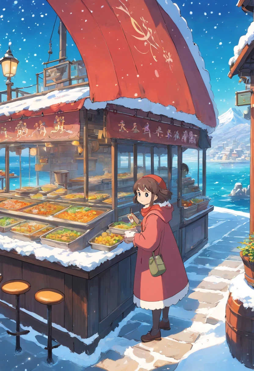 best quality, detailed background, girl,sea, cafeteria, bird, snow, winter,