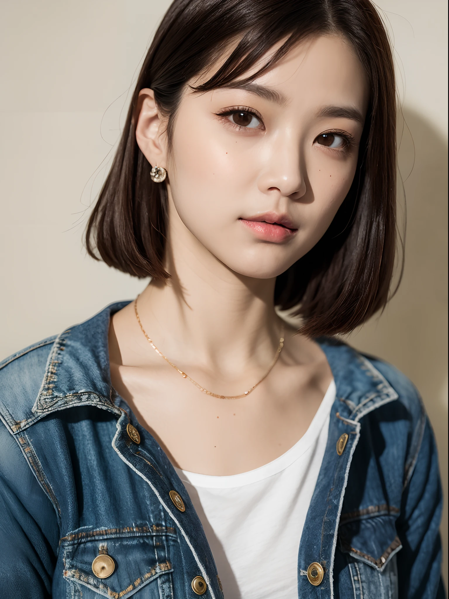 top-quality:1.3、​masterpiece、hight resolution、［1 girl in］、｛独奏｝、Raw photo、Real person、Photo of a seductive woman with a loose style of brown hair, Pose in the room, tedium, mascara, ,(Textured skin, Skin pores:1.1), (Mole:0.8), (Imperfect skin:1.1) intricate detailes, goose bumps, face perfect, (hitornfreckles:0.9), ((Photorealsitic):1.1), (Unripe, 8K:1.2), murky, Subdued Color,、Detailed skin、japanes、thin bunches of bangs、bobhair、fullllbody、denim jackets、White T-shirt underneath、catchlight、piercings、a necklace、white walls