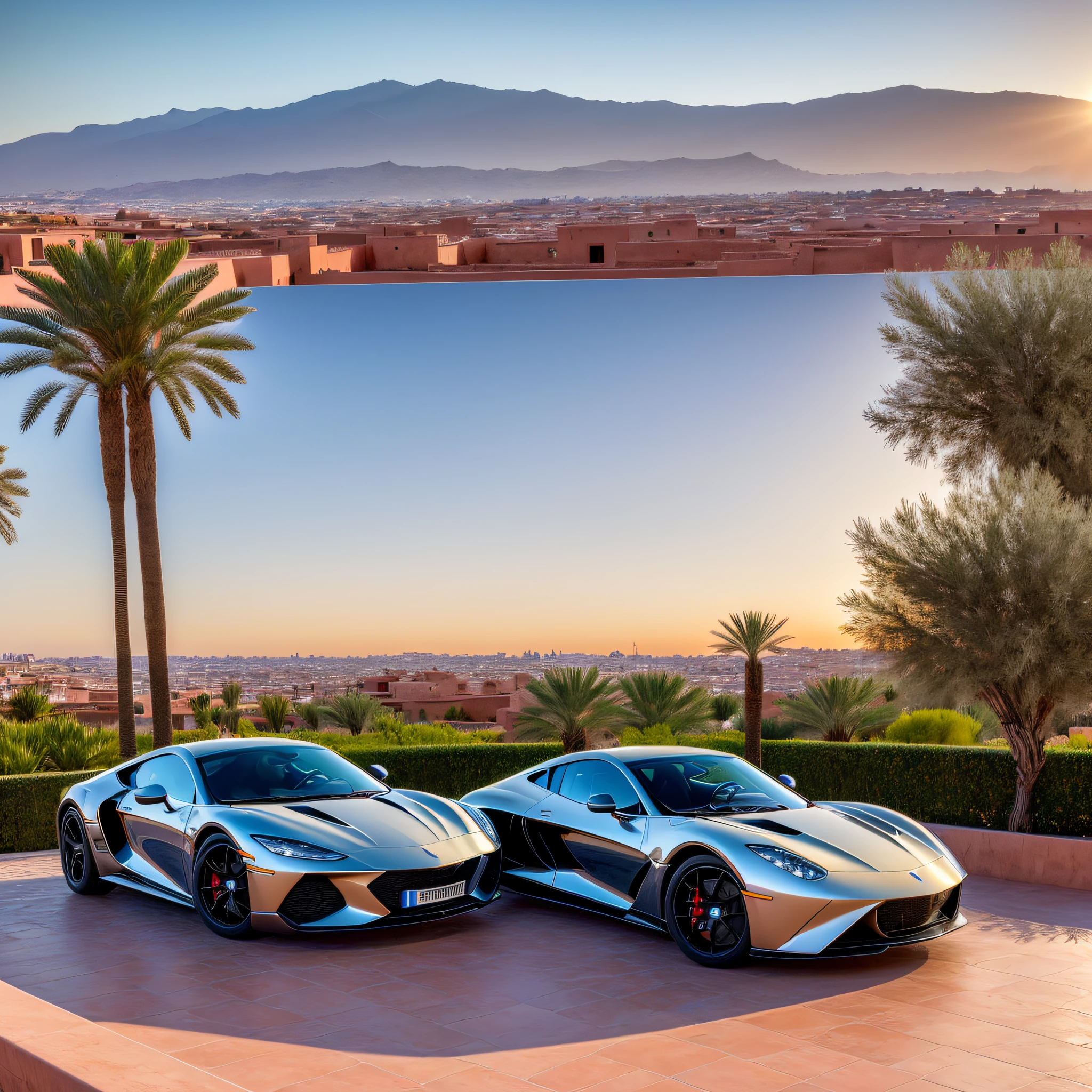 (best quality:1.33), (masterpiece:1.42),(photorealistic:1.3) (detailed:1.15), (expensive futuristic sportscar), stunning Marrakech view, flashy, glimmering, sleek, modern, sexy, sunset