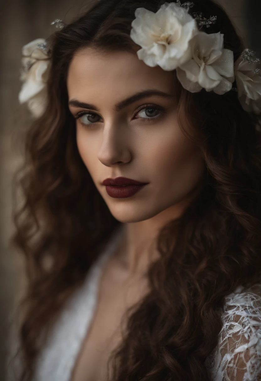 RAW photo of young Greek woman, color photograph, half length picture, close up portrait, ((a realistic photo of a beautiful young 18yo girl)), shadows, ((silver wing eyeliner)), (dark lipstick), ((pale iridescent skin)), dark eyes, leaning towards viewer, looking at viewer, sensual, erotic pose, smirk, shy, expressive hair, (dark hair), perfect facial features, perfect realistic skin, high quality, very detailed face, night, small breasts, futuristic model, fashion editorial style