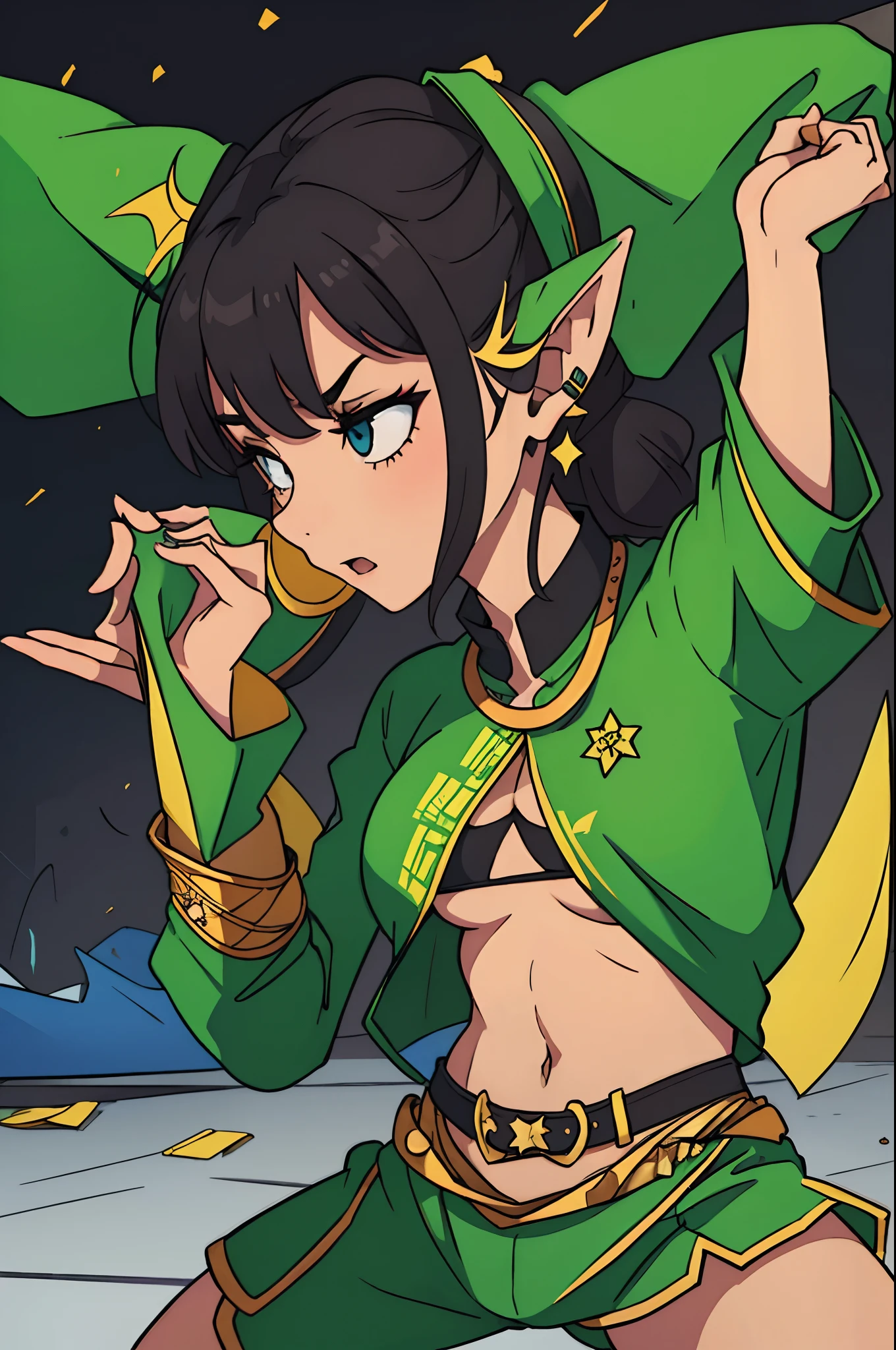 Anime Style,Nostalgic,Detailed background,The medieval world,A lively space with many people々A cave that looks like a power supply,A beautiful elf bard with black hair and a smile,Large Breasts,Healthy thighs,Underarm,M-shaped legs