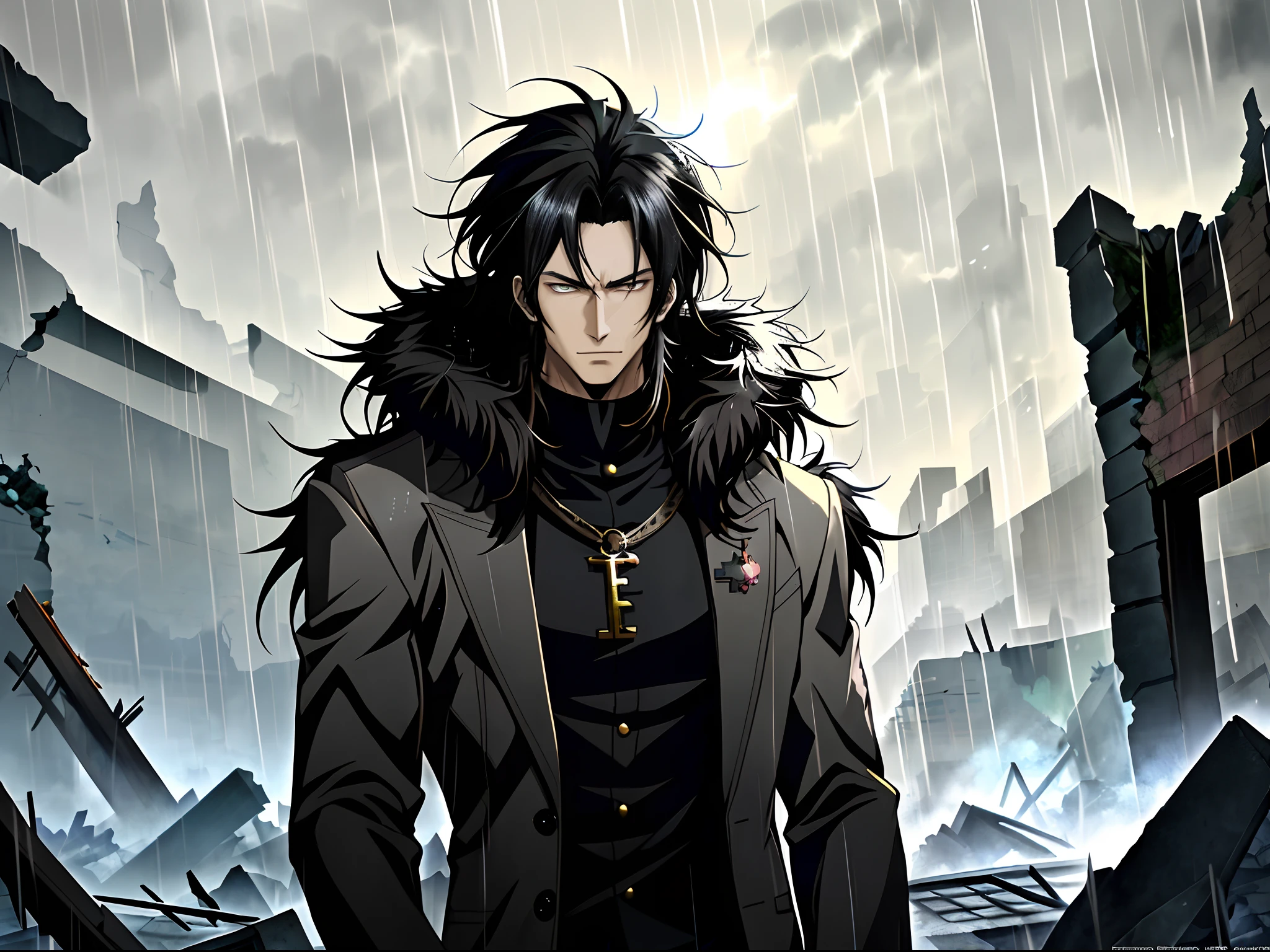An anime man in a black fur coat stands among the ruins in the rain, Black colored eyes，Black hair，Anime handsome man, Anime portrait of a handsome man, Anime concept HDR anime, Key anime art, male anime character,