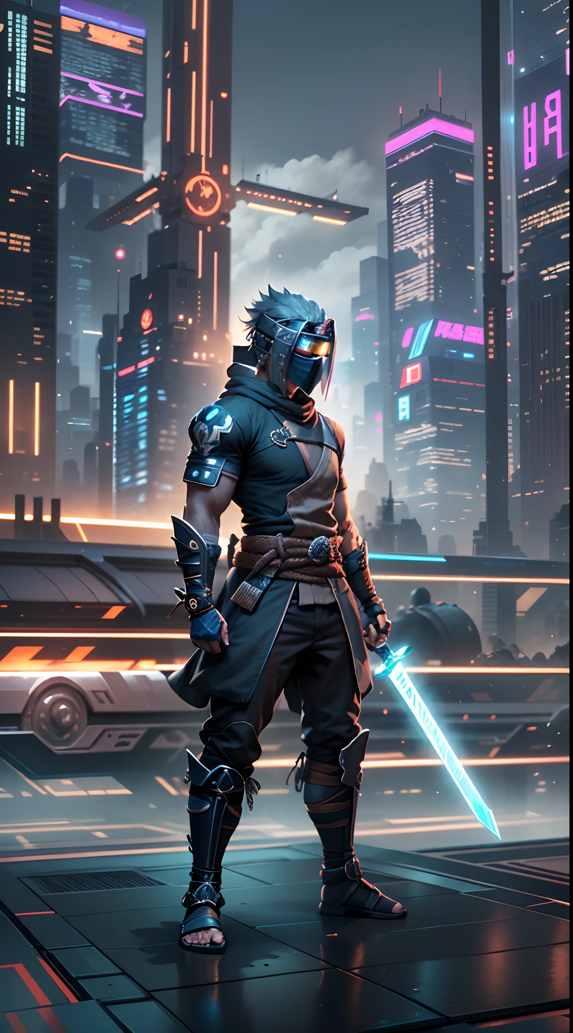 "Generate a futuristic shinobi character with a sleek, black suit and integrated advanced technology. Include accessories like energy sword sheaths, cool goggles, and a unique shinobi clan symbol on the helmet or attire. Showcase a determined expression and a ready-for-battle stance. Create a futuristic city background that reflects the agility and combat prowess of a shinobi.