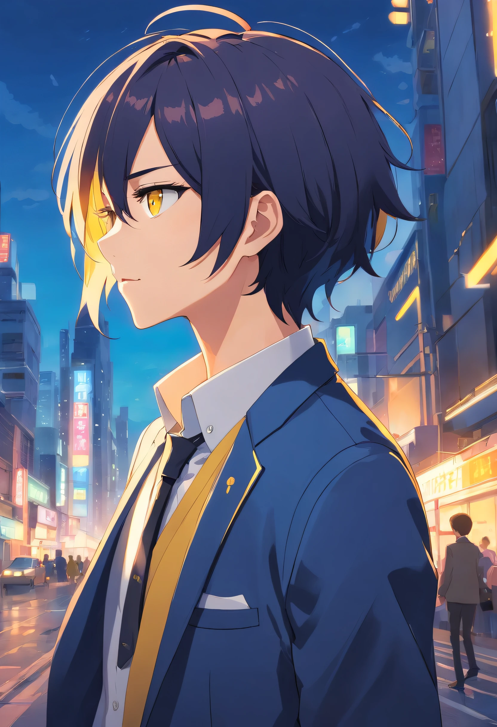 My hair is dark blue、Yellow eyes、Profile of a pierced boy in a blazer