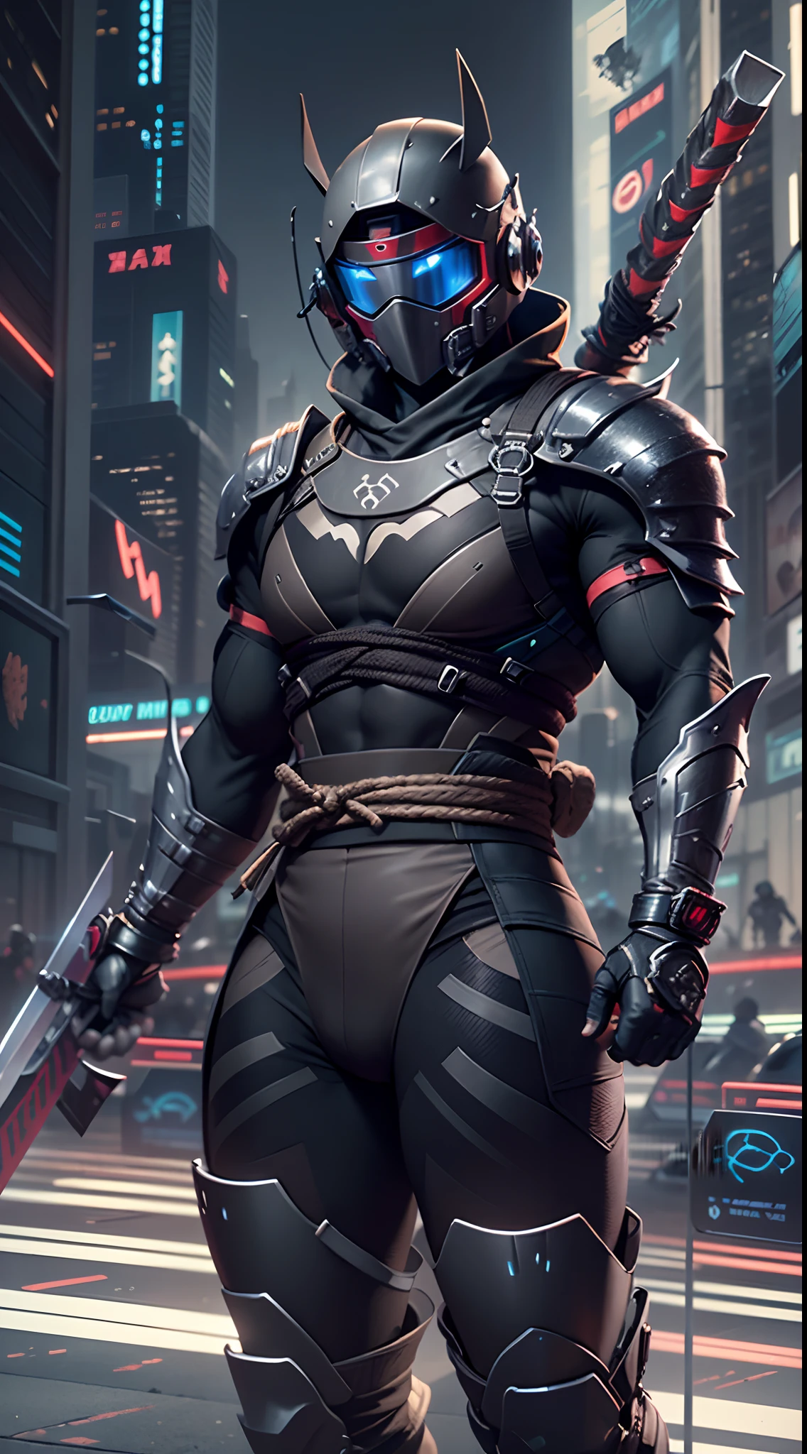 "Generate a futuristic shinobi character with a sleek, black suit and integrated advanced technology. Include accessories like energy sword sheaths, cool goggles, and a unique shinobi clan symbol on the helmet or attire. Showcase a determined expression and a ready-for-battle stance. Create a futuristic city background that reflects the agility and combat prowess of a shinobi.