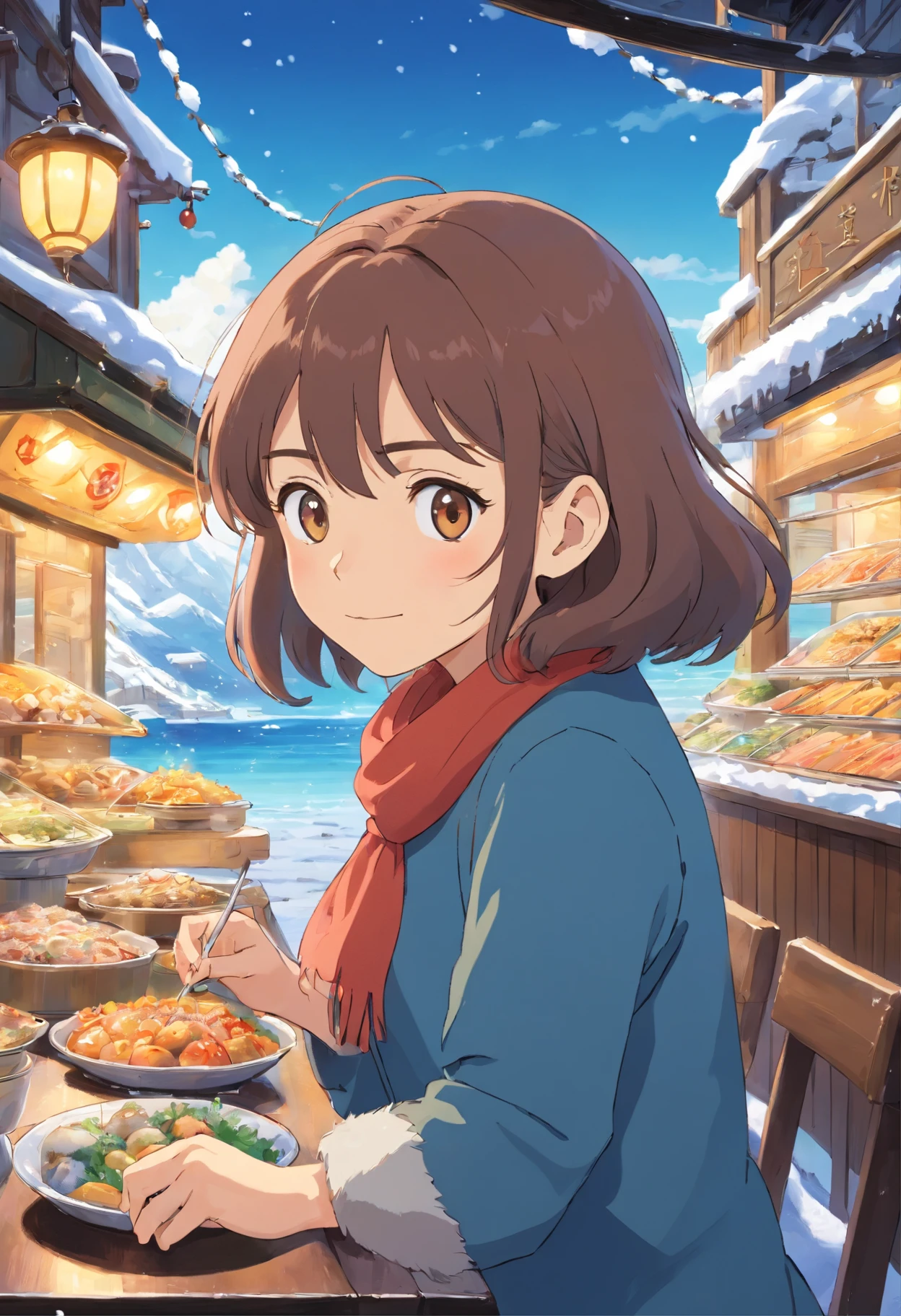 best quality, detailed background, girl,sea, cafeteria, bird, snow, winter,