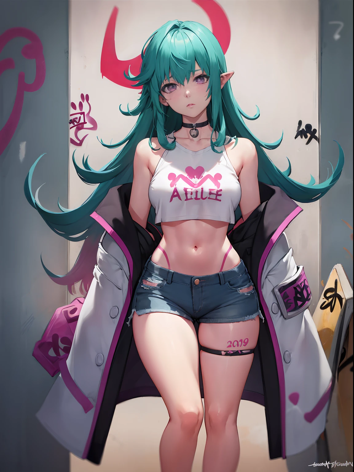 turn_nurse|Arena of Valor, master-piece, bestquality, 1girls,25 years old, proportional body, elongated legs, Beautiful, proportional., crop top, Long Jeans, gigantic breasts, ,bara, crop top, choker, (Graffiti:1.5), Splash with purple lightning pattern., arm behind back, against wall, View viewers from the front., Thigh strap, Head tilt, bored,