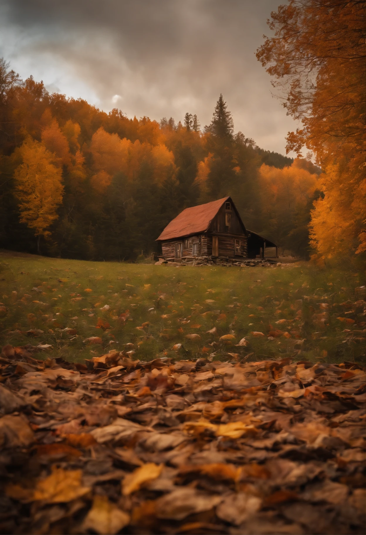 Autumn Scenery, autumn colors, peaceful atmosphere, cozy cabin, orange falling leaves, golden sunlight, glowing lanterns, misty forest, crisp air, harvest bounty, rustic charm, small town, pumpkin patch, full moon, starry sky