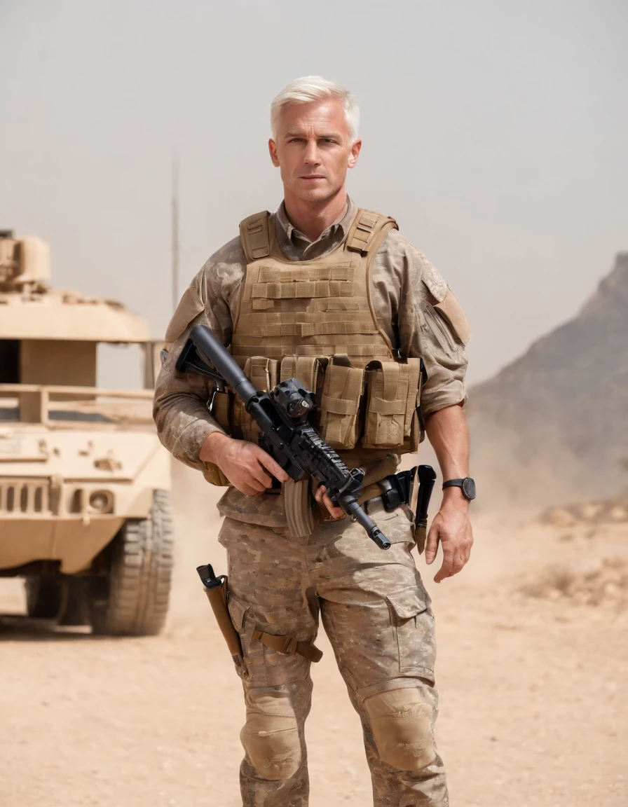 Full body, male, soldier, multi camouflage, black  tan tactical vest, tan holster, tactical boots, Iraq houses background, handsome, white hair, blue eyes, both hands holding the machine gun