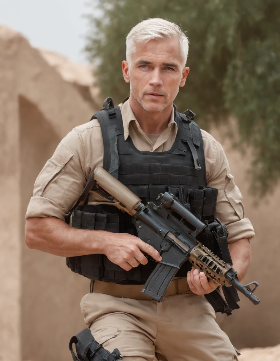Full body, male, soldier, multi camouflage, black  tan tactical vest, tan holster, tactical boots, Iraq houses background, handsome, white hair, blue eyes, both hands holding the machine gun