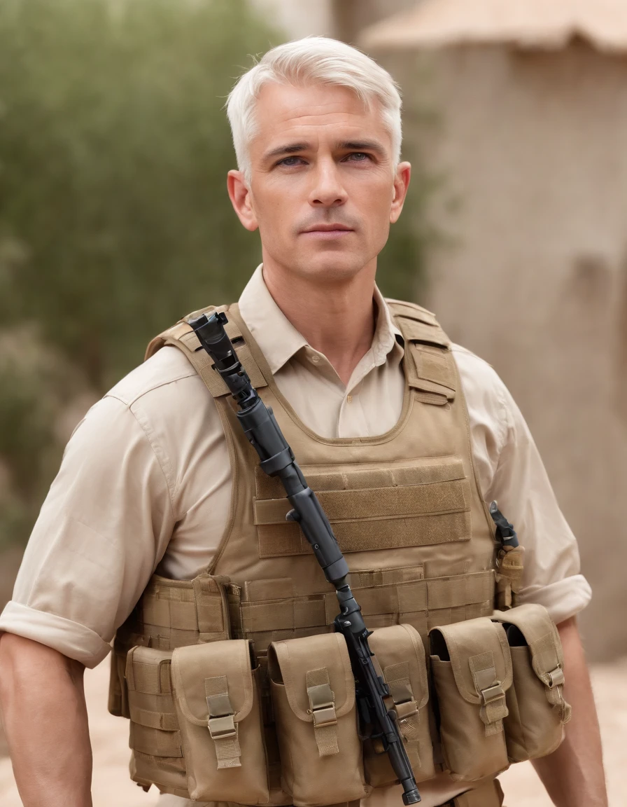 Full body, male, soldier, multi camouflage, black tan tactical vest, tan holster, tactical boots, Iraq houses background, handsome, white hair, blue eyes, both hands holding the machine gun