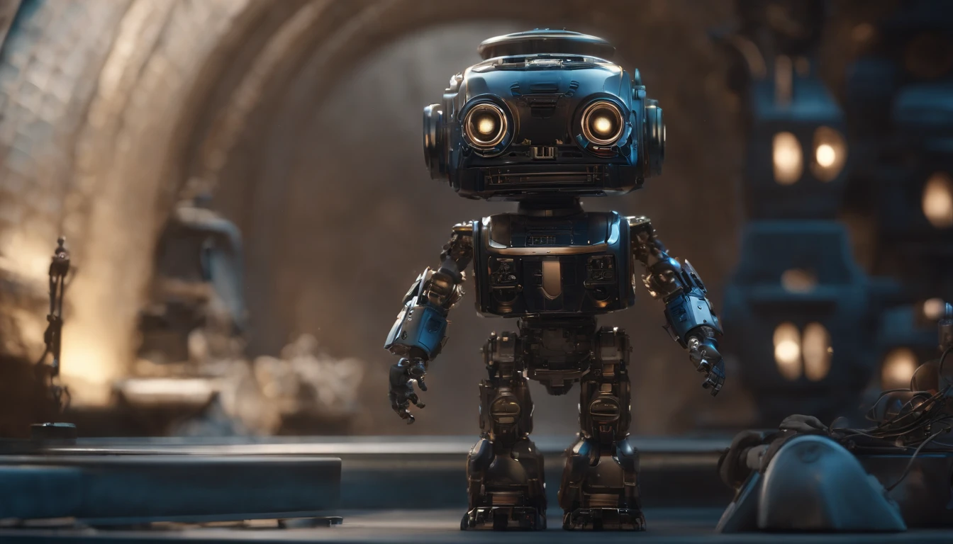 a , Kid Robot,(masterpiece,extreme detailed,top quality) , Ruin ,very cute robot, (Movie lighting),(light and shadow effect),(unreal-engine),(Tyndall),(cinema4d),(Super futuristic fantasy style),(8k wallpaper),(tmasterpiece),(Photography Award),realisticlying