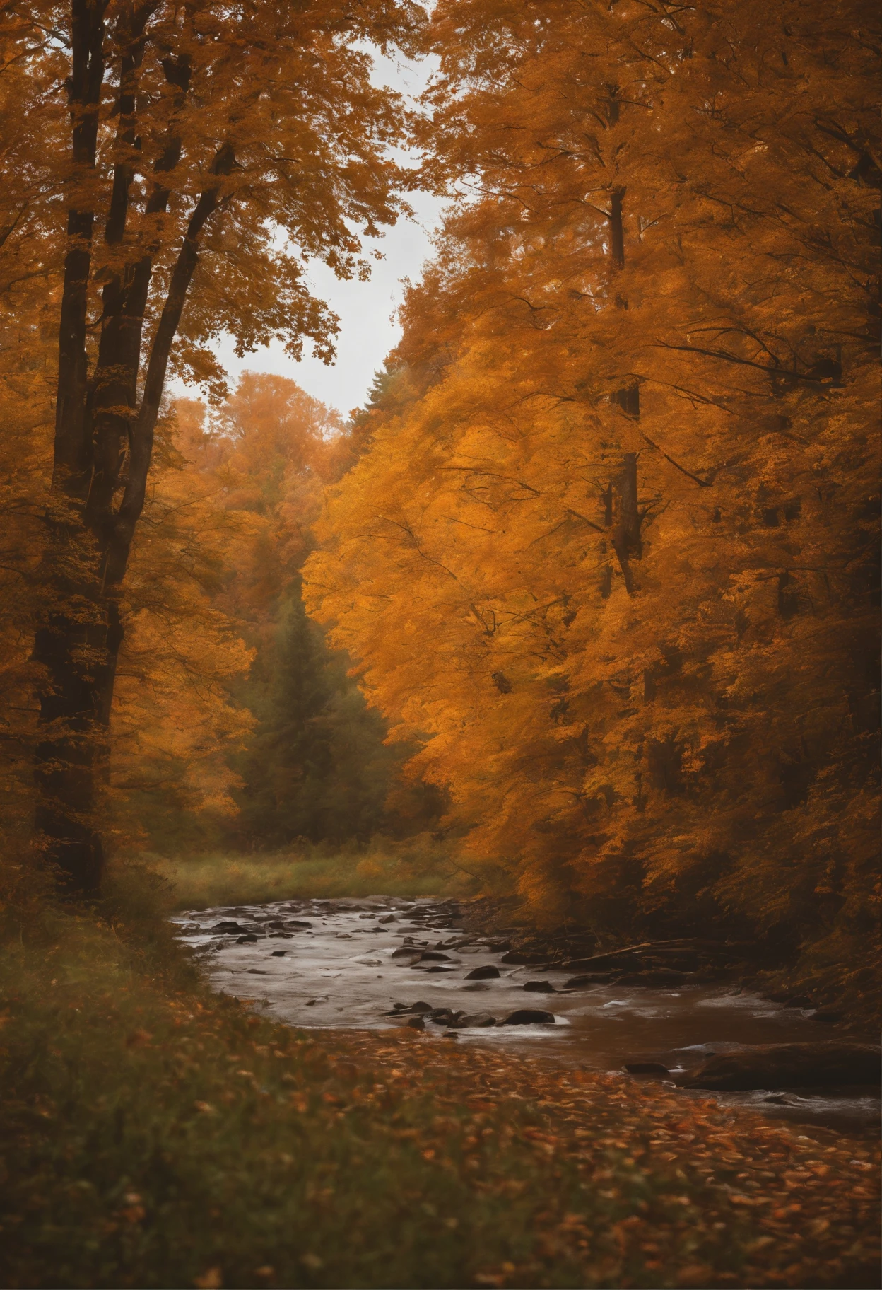 Autumn Scenery, autumn colors, peaceful atmosphere, cozy cabin, orange falling leaves, golden sunlight, glowing lanterns, misty forest, crisp air, harvest bounty, rustic charm, small town, pumpkin patch, full moon, starry sky