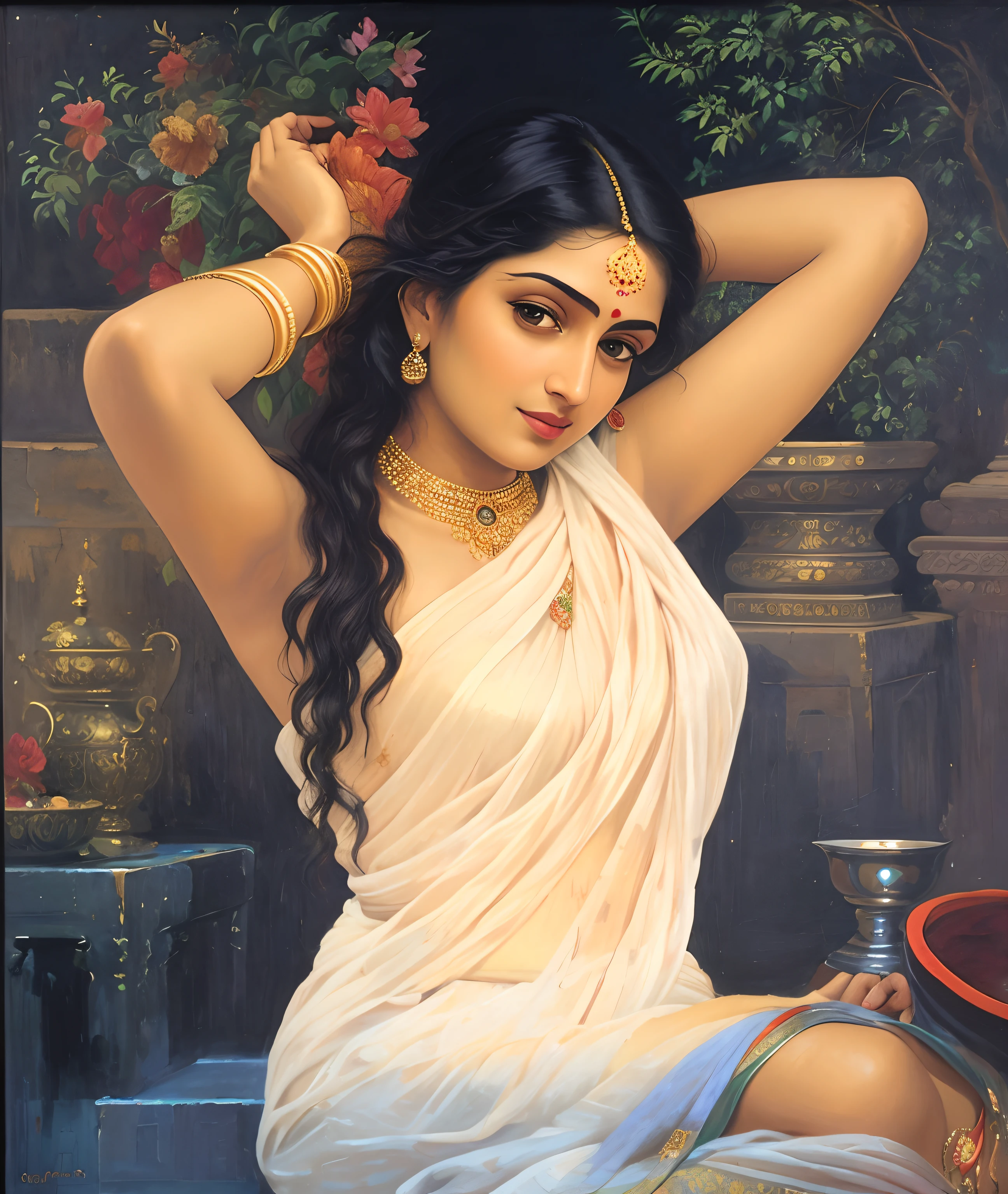 Bathing woman, gorgeous, Masterpiece,8k uhd, hdr, realistic, hyper realistic, intricate, vibrant colour, painting of a woman in a sari sitting on a chair, traditional beauty, inspired by Raja Ravi Varma, indian art, by Raja Ravi Varma, painting of beautiful, inspired by T. K. Padmini, painting of a woman, by Sardar Sobha Singh, gorgeous woman, oil on canvas painting, traditional painting, oil-painting