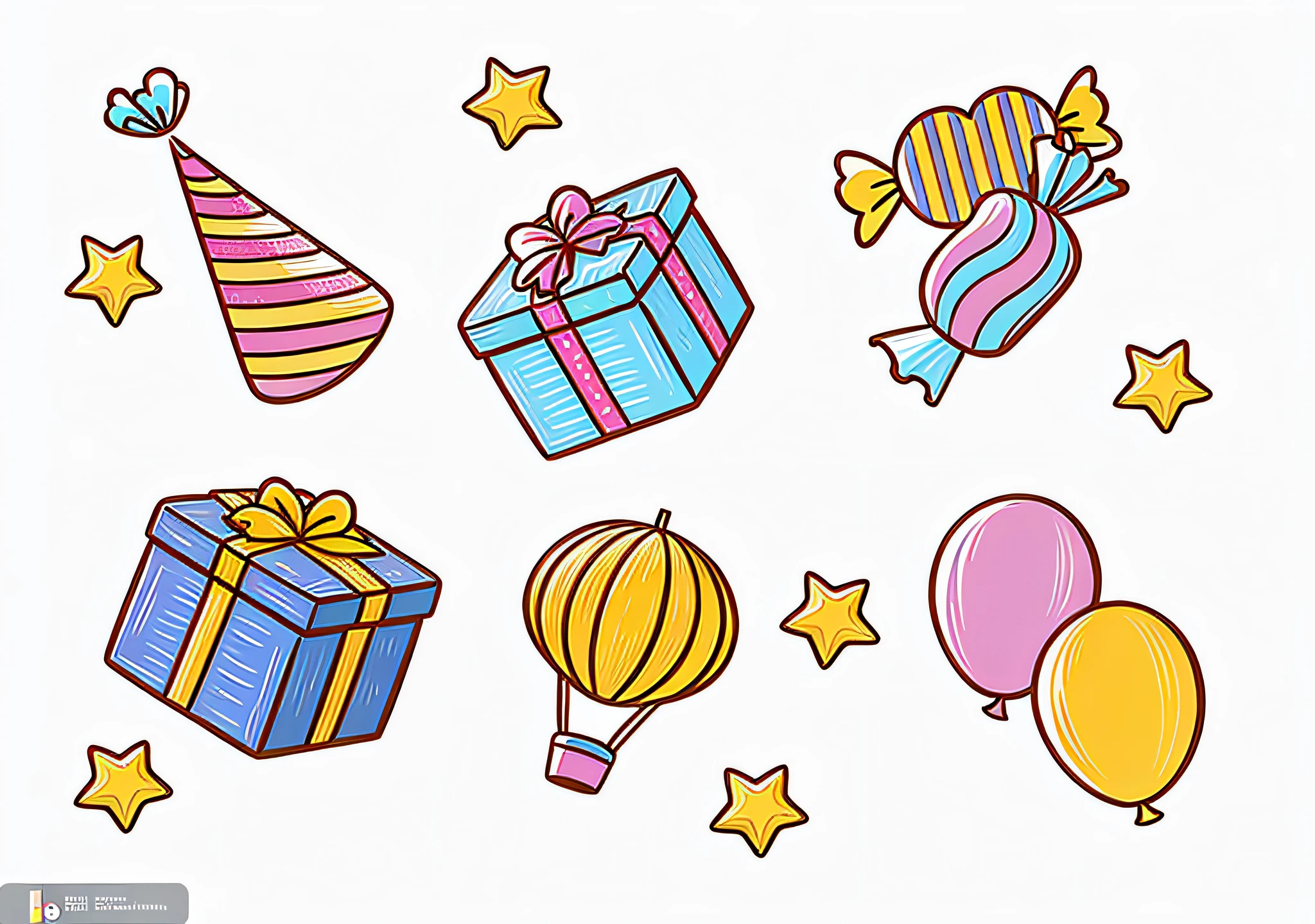Close up of a bunch of balloons and gifts on white background, birthday wrapped presents, party balloons, Colorful illustrations, Birthday party, lighthearted celebration, various items, exciting illustration, Gifts, line art in colour, Miscellaneous objects, high quality illustration, cartoonish vector style, Simple cartoon style, Gifts, birthday, Higher detailed illustration