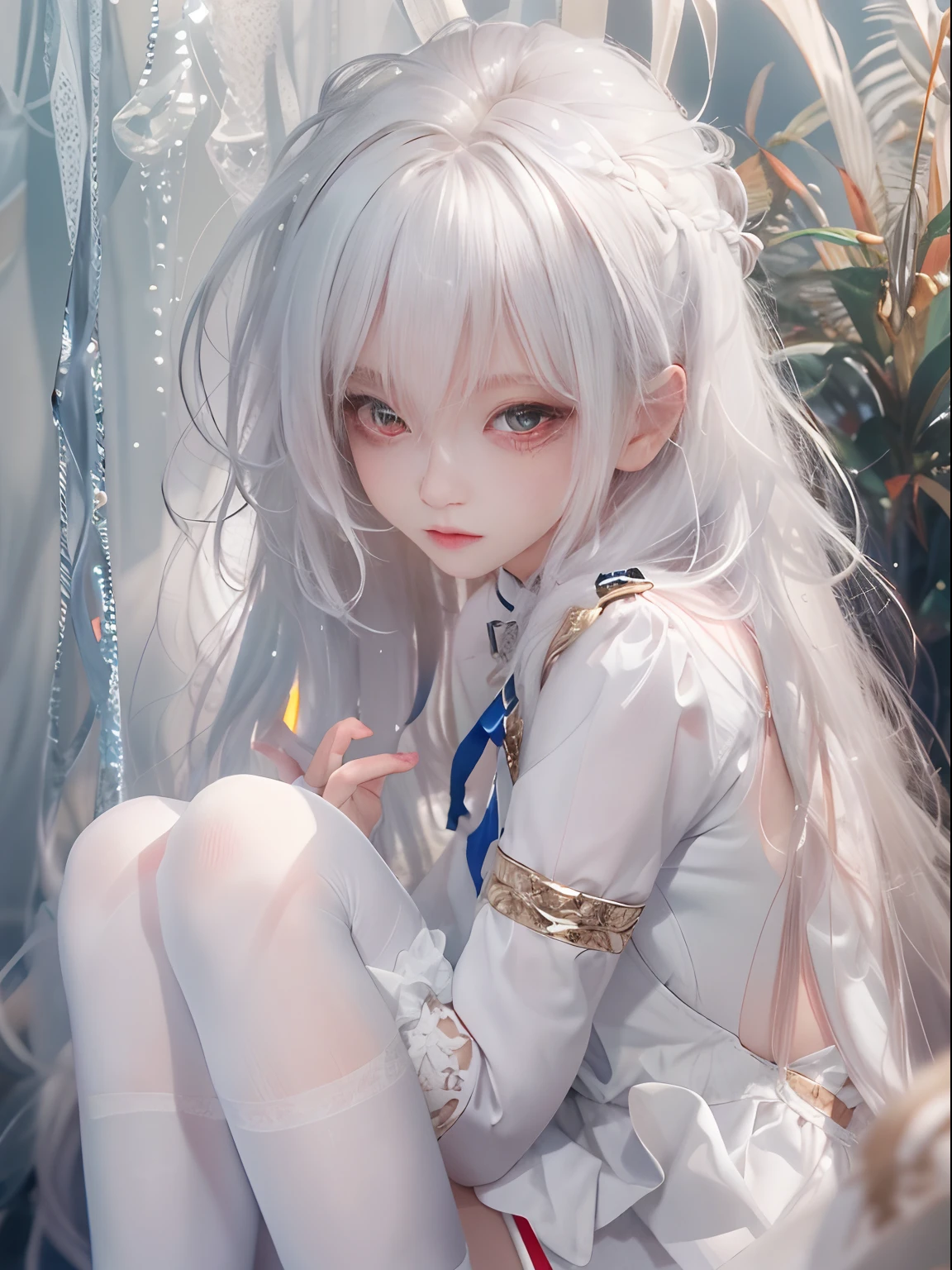 （tmasterpiece，Best quality at best，high high quality），1girll，（（unfazed by）），sitted，looking at viewert，White hair，（long whitr hair，messy  hair），red eyes，:(，floated hair，White stockings