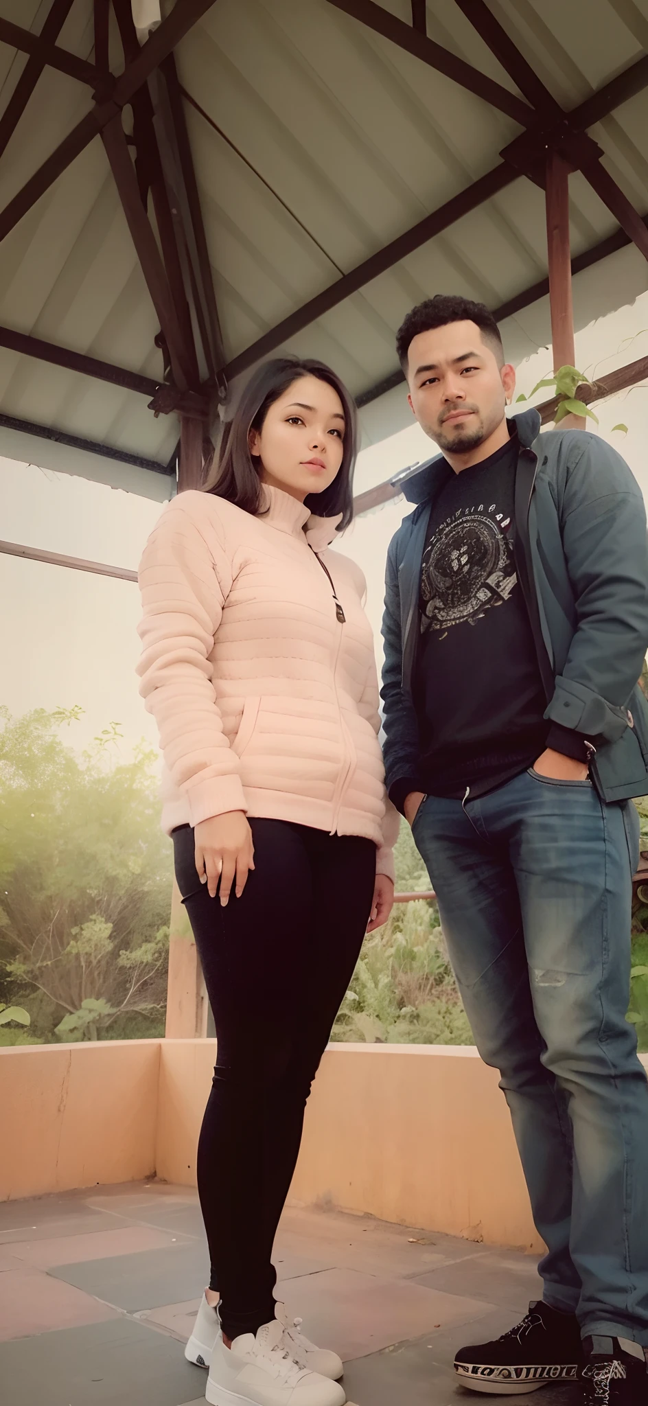 A 60 year old Indonesian man, wear a Muslim cap, baju batik dan long pants, flip flops, sad face facing the camera while hugging beautiful Indonesian woman, fair skin, big nose, long wavy hair, wearing a denim jacket, long pants, wearing pink sneakers, sad face facing forward, in front of the village house, in a beautiful afternoon, minimal defects, very detail, realistic, 8K picture