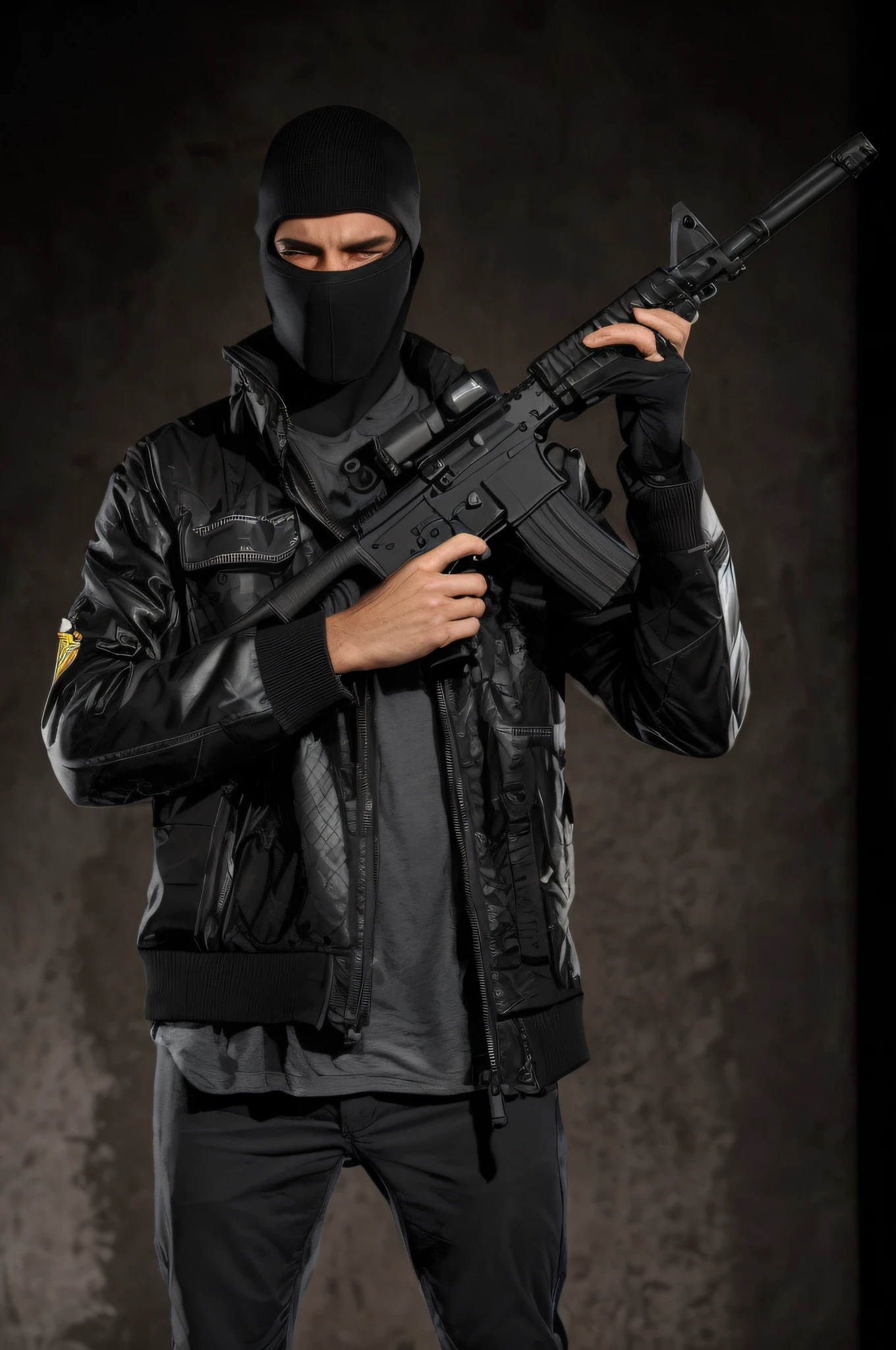 a man in a black jacket and mask holding a gun, wielding assault rifle, man is carrying a rifle, holding ar-15, holding gun, holding rifle, holding a mp7, holding a rifle, holding a gun, with rifle in hands, holding a weapon, holding pdw, airsoft cqb, armed with edged weapons, carrying a gun, mercenary