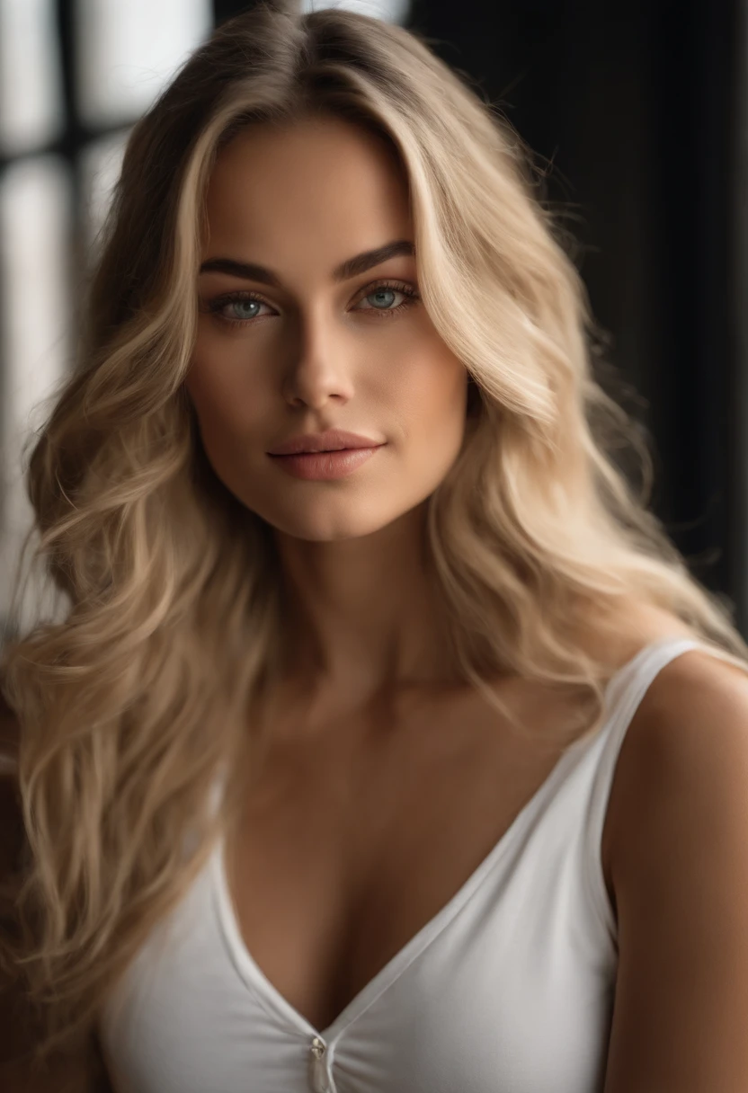 Blonde woman with long hair and white t-shirt staring at camera, Close up of blonde woman, blonde and attractive features, blonde swedish woman, Blonde Woman, a photography of a beautiful woman, Attractive woman, Young blonde woman, Beautiful blonde woman, a girl with blonde hair, women's pictures, Beautiful rounded face, attractive young woman, portrait of a beautiful model, 27 years old girl, 5.6 feet tall girl, a bit athletic, 200 pounds, medium size arms, medium size shoulders and neck, medium size waist and belly, arched spine, very large curves, very big and wide hips, very big thighs, medium size calves, full body visible, finely detailed skin, highly detailed eyes, highly detailed nose, highly detailed lips and mouth, extremely delicate and beautiful, amazing, sharp focus, (cinematic lighting), soft lighting, dynamic angle, ultra high-res, masterpiece, best quality, (photorealistic:1.4, realistic), highly detailed CG unified 8K wallpapers, looking at viewer, (HQ skin:1.4), 8k uhd, soft lighting, deep shadows, dslr, Kodak ektar 100, Fujifilm XT3, F4, 1/800s, ISO 100, RAW high quality, film grain, ultra resolution 8k--ar 85:107