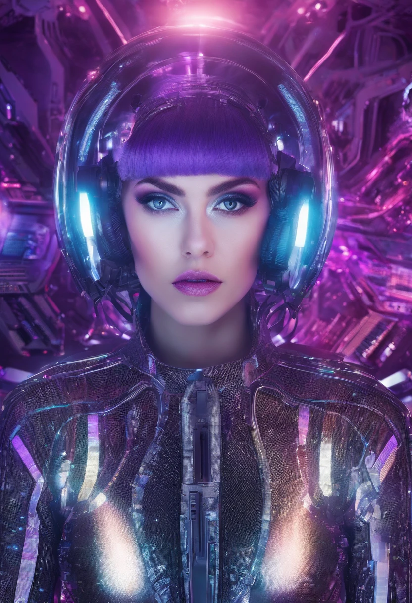 high quality portrait, RAW photo of young English woman, Lt Ellis UFO TV series, purple hair bangs, 60s style, retro, silver mesh top, futuristic silver make up, brightly lit moon base command centre background, cumputer boards and communications consoles, natural pale skin texture, interior, cinematic, short depth of field, intricate, elegant, detailed textures, sharp focus, movie scene, full colors, incredibly detailed, 4k, 8k,