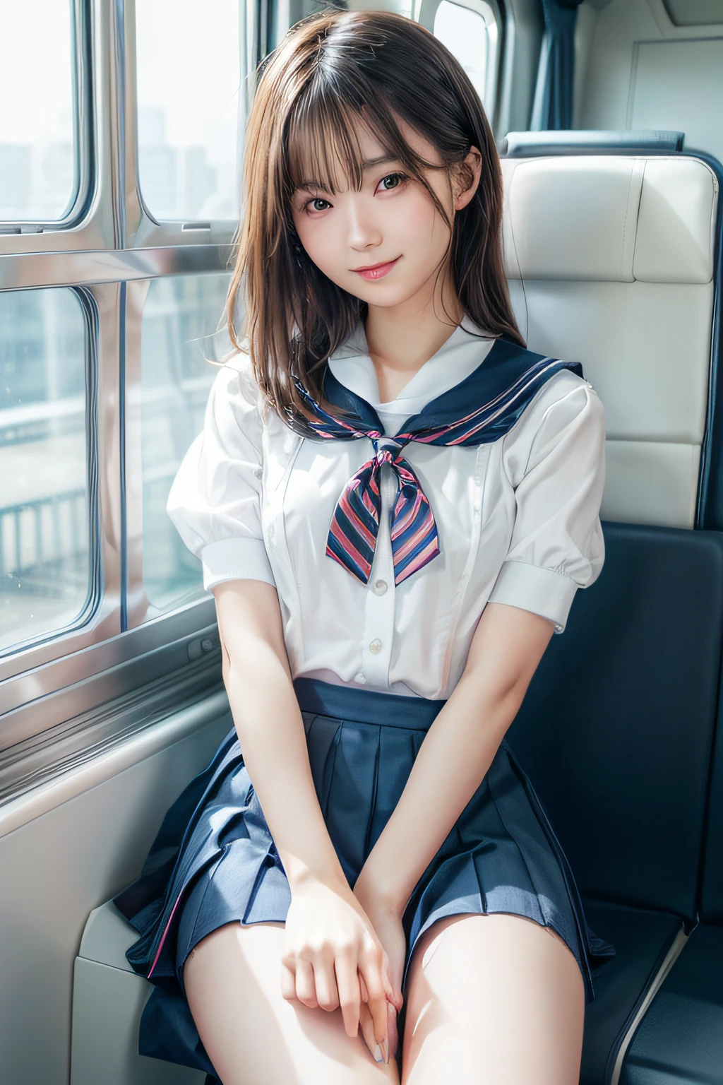 top-quality,ultra-detailliert,masterpiece,realisitic,Photo Real,Bright lighting,1 girl in, an extremely beautiful -yeld gi (kawaii:1.2),Thin smile, (Brown eyes),(brown haired),(bangss),perfect glossy skin,flawless skin,((erotick,Sexy and sexually explicit)),((accurate hands without incongruity)), large full breasts,big breasts thin waist, Look at viewers,((a sailor suit)),((Short sleeve uniform white shirt)),(red necktie),(Blue Mini Pleated Skirt),(((skirt lift by yourself))),(lifted by self),(Showing panties),panties on,panties focus,((Sit up,spread legswide)), sockes, (Black knee socks),(Loafer shoes), during daytime,On the train,Horizontal long seat with your back to the window