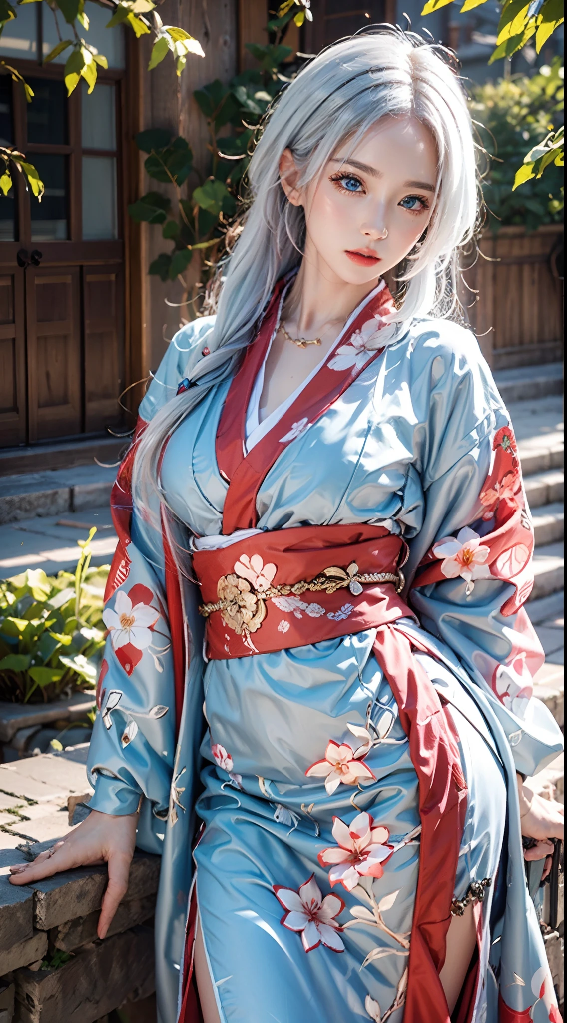 photorealistic, masterpiece, photorealistic, high resolution, soft light, hips up, (blue eyes, white hair), long hair, pink kimono, floral pattern, cherry blossoms
