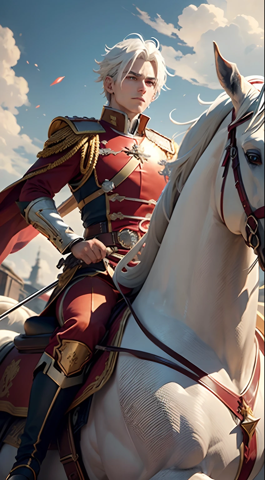 (best quality,8k,ultra-detailed,realistic),cool anime boy with white hair in red and gold, Royal knight, elegant, riding a Royal horse, full body, striking manly pose, Battlefield background, fire and chaos, vibrant colors, photo-realistic anime style, sharp focus, dynamic lighting, capturing every detail
