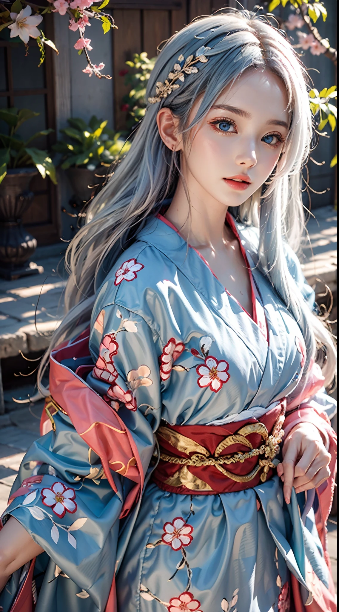 photorealistic, masterpiece, photorealistic, high resolution, soft light, hips up, (blue eyes, white hair), long hair, pink kimono, floral pattern, cherry blossoms