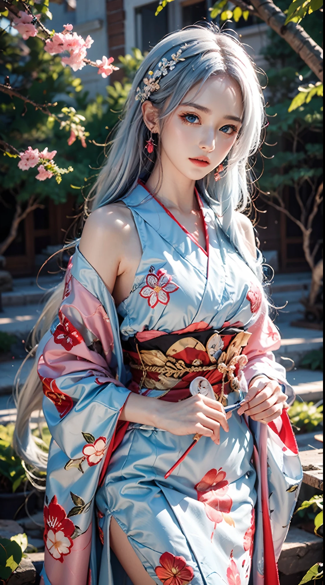 photorealistic, masterpiece, photorealistic, high resolution, soft light, hips up, (blue eyes, white hair), long hair, pink kimono, floral pattern, cherry blossoms