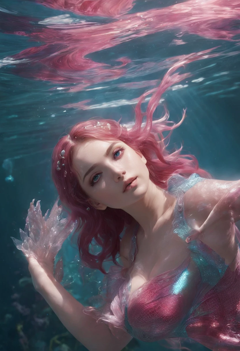 RAW photo, high quality full length portrait, underwater photo of a slim young woman mermaid swimming, wet hair, photorealistic, dramatic, beautiful face, highly detailed facial features, very pretty, perfect face, well formed facial features, smooth glowing pink skin, flowing pink hair, mermaid tail with iridescent scales , small breasts, perfectly formed breasts, iridescent make up, jewelled tiara, jewelry, underwater, fish, bubbles, filtered sunlight, strong light, perfect hands, realism, accurate hands, accurate face, symmetrical body, erotic, sensual, sexy, detailed textures, coiled arm band, bracelets, ultra high pixel detail, cinematic, intricate, cinematic light, concept art, art station, realistic, movie scene, cinematic, high quality, craig mullins and wayne barlowe style, full colors, incredibly detailed, 4k, 8k,