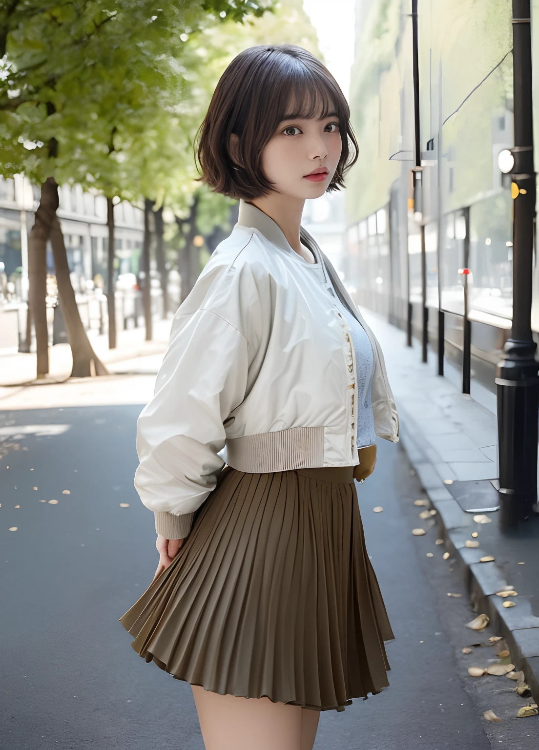 (delicate illustration:1.3),(masterpiece:1.0), (best quality:1.4), (ultra highres:1.2), (photorealistic:1.5), (cinematic),high contrast, bokeh, (hdr:1.4), dramatic lighting, sidelighting, (8k, RAW photo:1.2), (sharp focus:1.3), (((full body))),(film gain:0.9), (vhsbvideo:0.8), (analog film photography:0.8), lomography, HOLGA, HOLGA DIGITAL, BANZART ZIEGEL, Lomo LC-A 120, EKTACHROME E100,view from side,
break,
(23yo:1.4),(((1girl , dancing))),(wearing detailed ma-1 flight jacket on chiffon tiered skirt :1.3),((brown contacts, sweaty skin)) ,huge breast, cleavage, open mouth, bangs:1.5,airly wavy short bob cut, messy hair,woman,
break,
(((background is detailed ginkgo avenue in paris, crouded, twilight ))),round face, (baby face),no-makeup,beautiful detailed eyes, tareme, (small eyes),thin_eyebrows,(face focus), slim, slender waist, thin leg, dr.martens boots,  (japanese famous actress),(cute), (beautiful),eye bags,