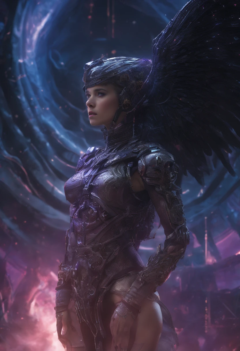 high quality full length portrait, RAW photo of european 20yo woman with iridescent angel wings, a warrior, small breasts, short dark purple hair, natural pale skin texture, jeweled diadem, silver necklace, night, lightning, volcano and mountain background, short depth of field, intricate, elegant, detailed textures, sharp focus, coiled arm band, bracelets, neck chain ultra high pixel detail, cinematic, intricate, cinematic light, concept art, art station, realistic, movie scene, cinematic, high quality, craig mullins and wayne barlowe style, full colors, incredibly detailed, 4k, 8k, erotic, gothic,