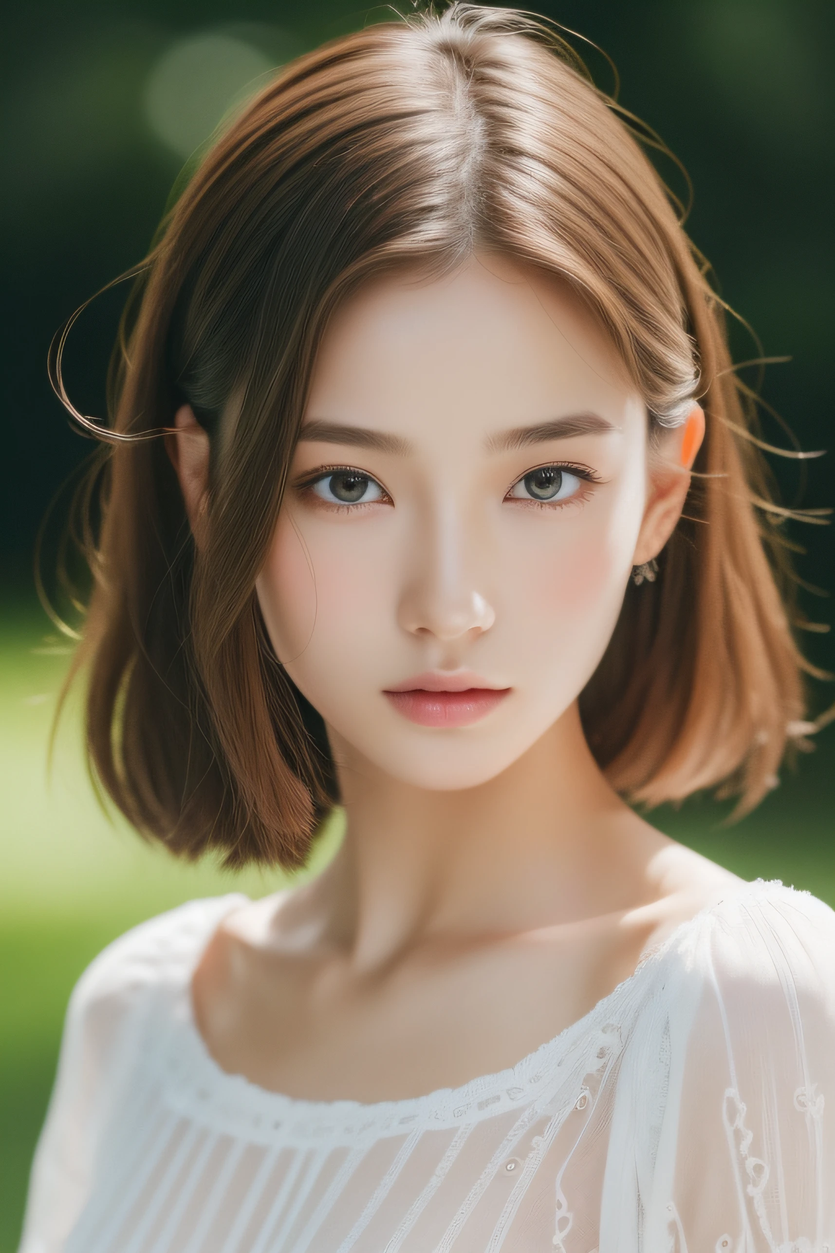 (8k, RAW Photos, highest quality, masterpiece, Realistic, Realistic), (1 female), (The ultimate beautiful middle-aged woman), Highly detailed face, (Perfect Teeth), Beautiful Eyes, double eyelid, eyelash, smile, Lip details, (Neat brunette bob), The light shines on your face, Big Breasts, ((Colorful mini dresses)), (front view), (background: none), Background blur