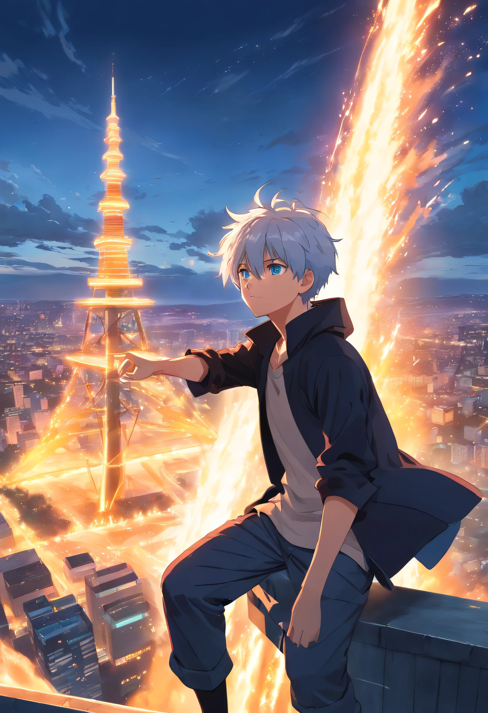 gojo satoru, jujutsu kaisen, anime, ung man, in the top of tower, float, amazing, focused, ray of light, blue eyes, white hair, black shirt, in the battlefield, powerfull magic aura, depth of field.