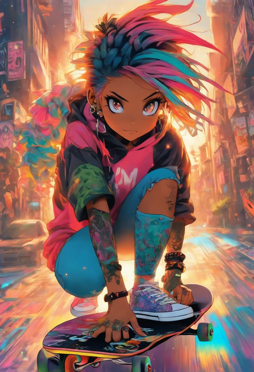 The most beautiful and sexy skateboard girl, rainbow colored hair, yellow eyes, wearing hoodie, graphic t-shirt, torn skinny jeans and highly detailed skateboard gear, tons of tattoos and piercings, highly detailed background, perfect masterpiece, high quality, high resolution