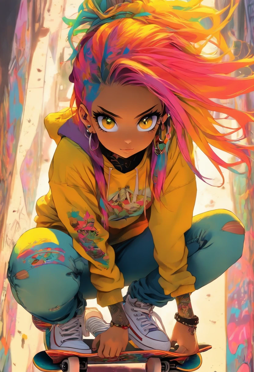 The most beautiful and sexy skateboard girl, rainbow colored hair, yellow eyes, wearing hoodie, graphic t-shirt, torn skinny jeans and highly detailed skateboard gear, tons of tattoos and piercings, highly detailed background, perfect masterpiece, high quality, high resolution