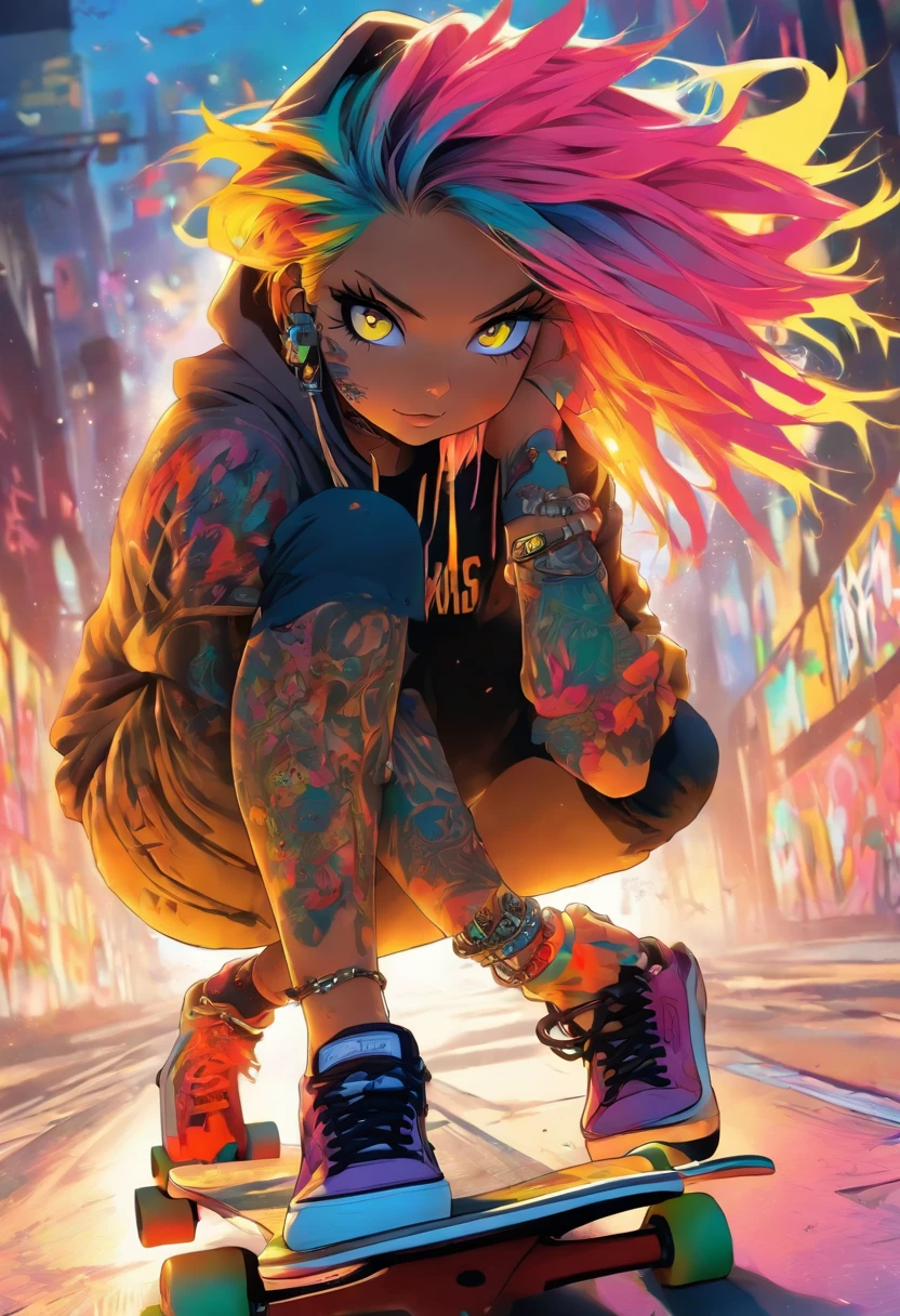 The most beautiful and sexy skateboard girl, rainbow colored hair, yellow eyes, wearing hoodie, graphic t-shirt, torn skinny jeans and highly detailed skateboard gear, tons of tattoos and piercings, highly detailed background, perfect masterpiece, high quality, high resolution