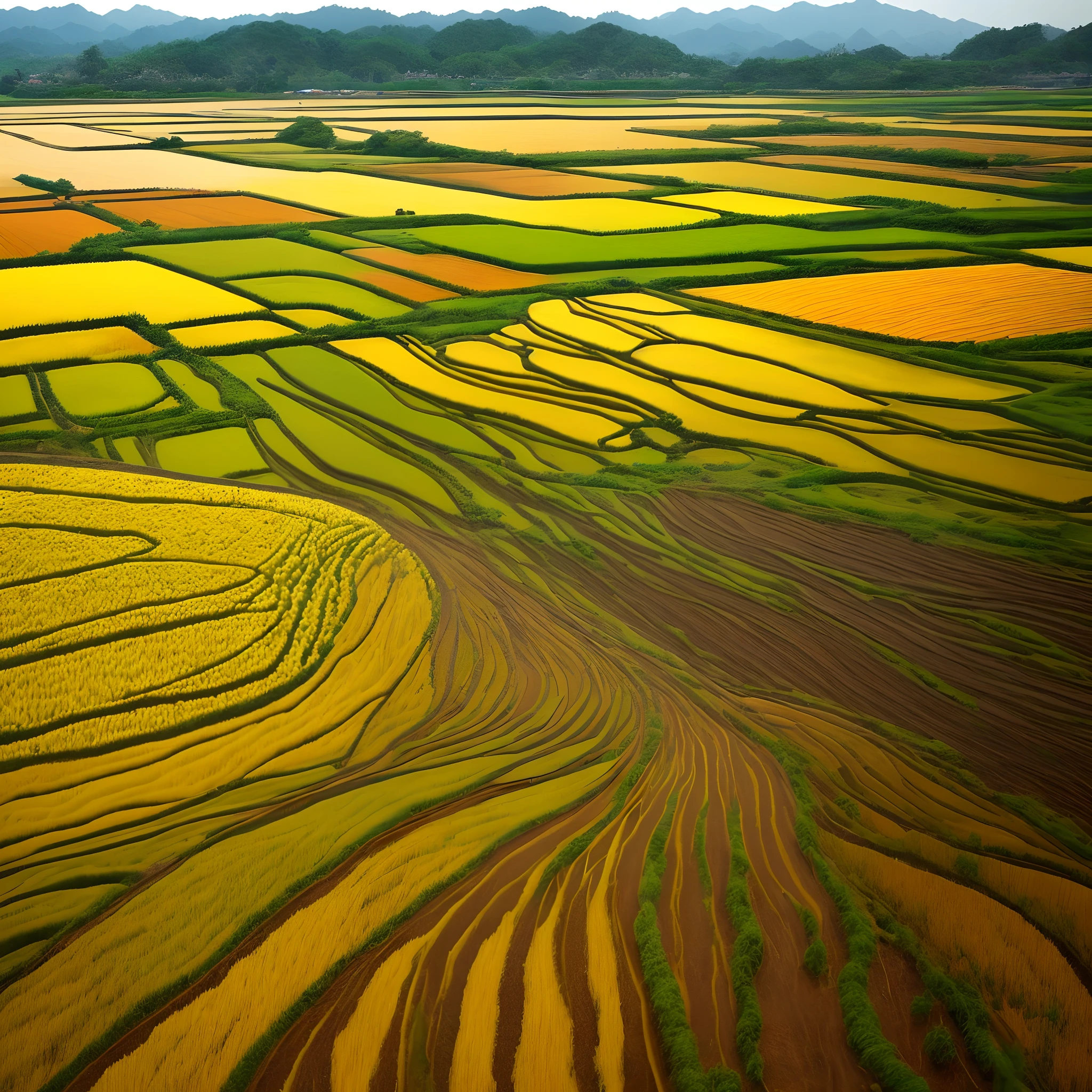 The rice fields as far as the eye can see are colored golden。Surrounded by golden rice、Farmers harvesting rice