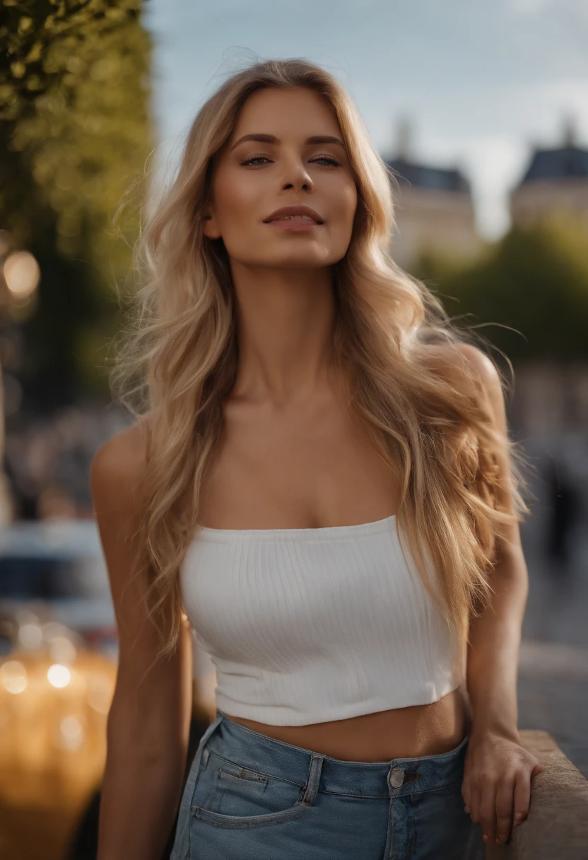 Blonde woman with long hair and white t-shirt staring at camera, Close up of blonde woman, blonde and attractive features, blonde swedish woman, Blonde Woman, a photography of a beautiful woman, Attractive woman, Young blonde woman, Beautiful blonde woman, a girl with blonde hair, women's pictures, Beautiful rounded face, attractive young woman, portrait of a beautiful model, 27 years old girl, 5.6 feet tall girl, a bit athletic, 200 pounds, medium size arms, medium size shoulders and neck, medium size waist and belly, arched spine, very large curves, very big and wide hips, very big thighs, medium size calves, full body visible, finely detailed skin, highly detailed eyes, highly detailed nose, highly detailed lips and mouth, extremely delicate and beautiful, amazing, sharp focus, (cinematic lighting), soft lighting, dynamic angle, ultra high-res, masterpiece, best quality, (photorealistic:1.4, realistic), highly detailed CG unified 8K wallpapers, looking at viewer, (HQ skin:1.4), 8k uhd, soft lighting, deep shadows, dslr, Kodak ektar 100, Fujifilm XT3, F4, 1/800s, ISO 100, RAW high quality, film grain, ultra resolution 8k--ar 85:107, walking down a paris street