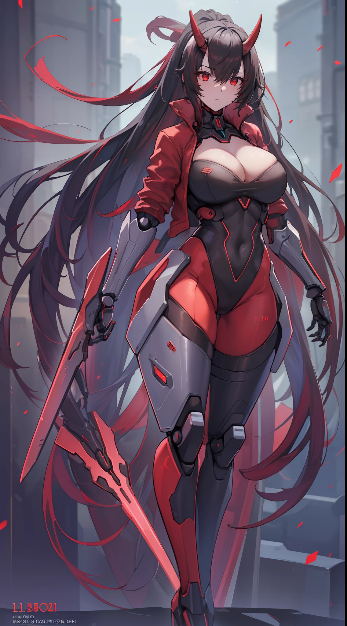 (best quality, masterpiece, anime) (solo) black hair, very long flowing hair, red eyes, thick thighs, huge breasts, muscular, athletic, full android mecha body, (android mechanical arms:1.3), (android mechanical legs:1.3), (high-leg leotard:2.5, high-cut leg:2.7, one-piece:1.5, red:1.2, black:1.4, cleavage), (jacket, no sleeves, black:1.3, red:1.2), (forward facing red mecha oni horns:1.2), gauntlet, (pantyhose:1.2, black), toned body, 1 woman (age 30), sword hand, beautiful, sexy, lucia, Lucia_Crimson_Weave, mecha,