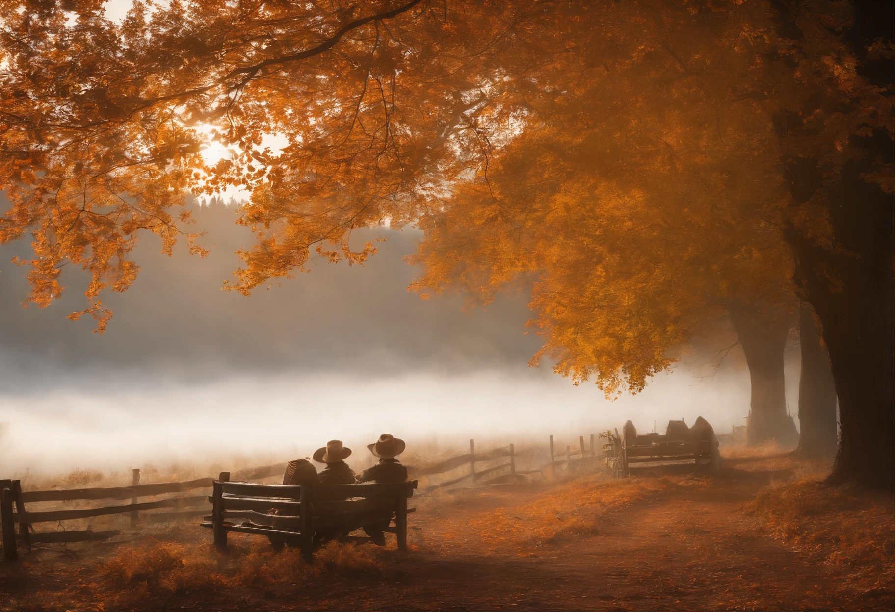 Autumn Scenery, autumn colors, peaceful atmosphere, cozy cabin, orange falling leaves, golden sunlight, glowing lanterns, misty forest, crisp air, harvest bounty, rustic charm, small town, pumpkin patch, full moon, starry sky