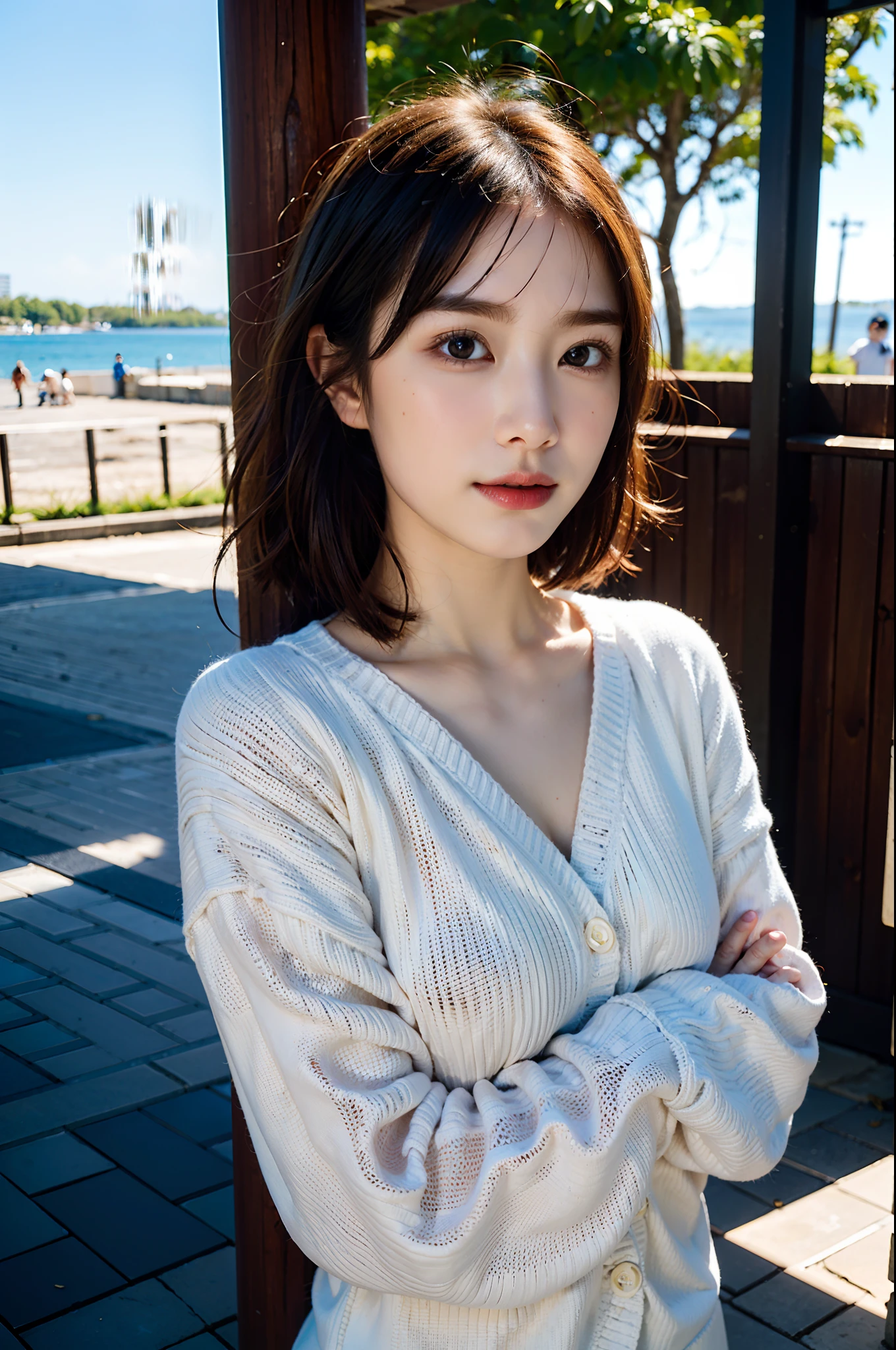 1girl, best quality, realistic, solo, depth of field, natural lighting, daytime, alluring, beautiful face, clean, pure face, pale skin, cute, short hair, beach, sunshine,flat chest, tiny breast, full body, ((sweater,beautfully face)),