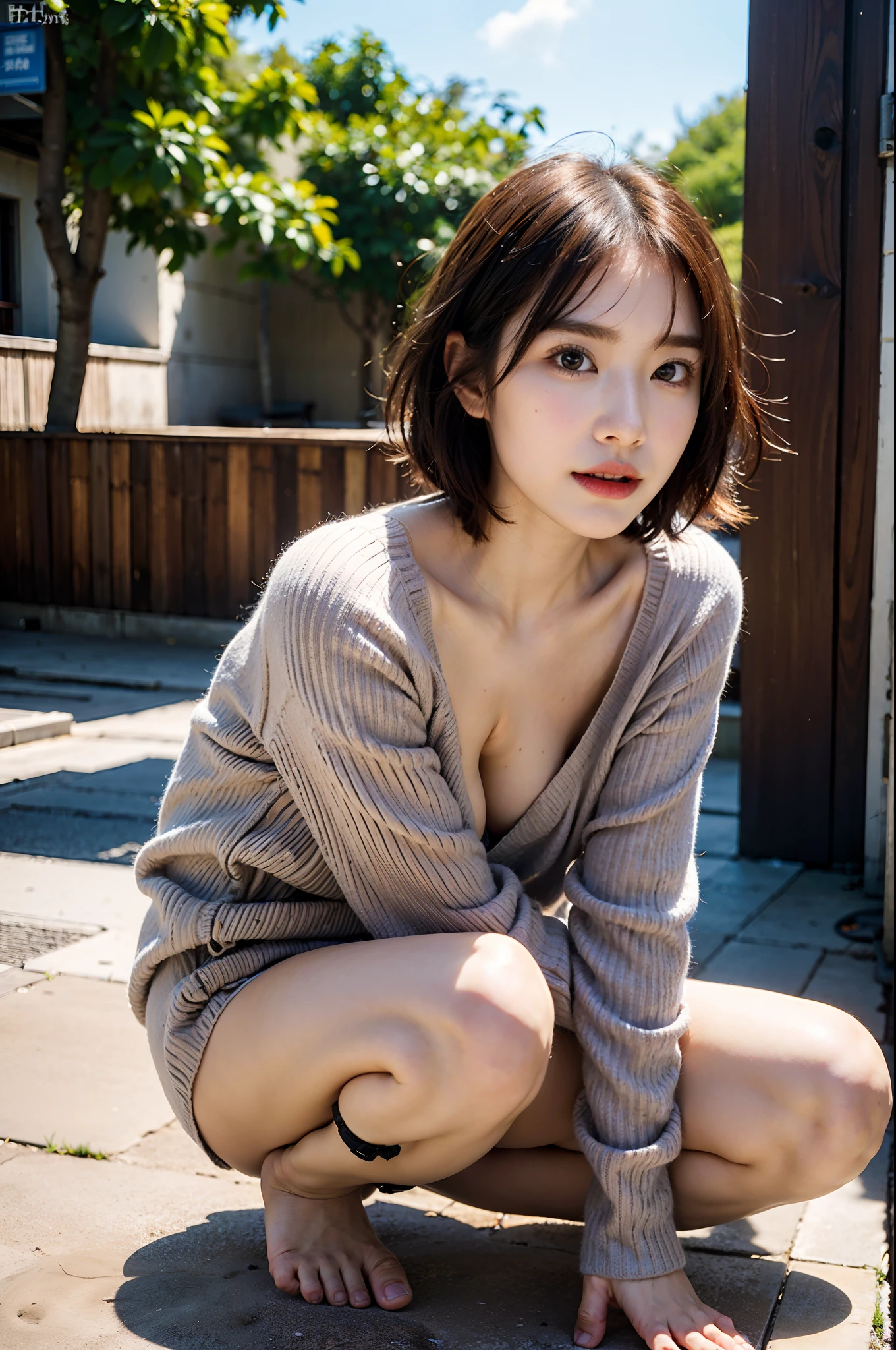 1girl, best quality, realistic, solo, depth of field, natural lighting, daytime, alluring, beautiful face, clean, pure face, pale skin, cute, short hair, beach, sunshine,flat chest, tiny breast, full body, ((sweater,beautfully face)),