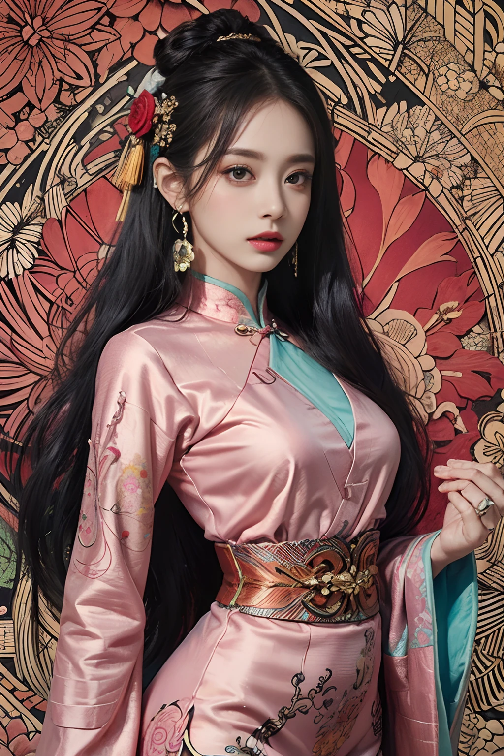 (masterpiece, top quality, best quality, official art, beautiful and aesthetic:1.2), (1girl:1.3), extremely detailed,(fractal art:1.1),(colorful:1.1)(flowers:1.3),highest detailed,(zentangle:1.2), (dynamic pose), (abstract background:1.3), (chinese Traditional cloth:1.2), (shiny skin), (many colors:1.4), ,(earrings:1.4),