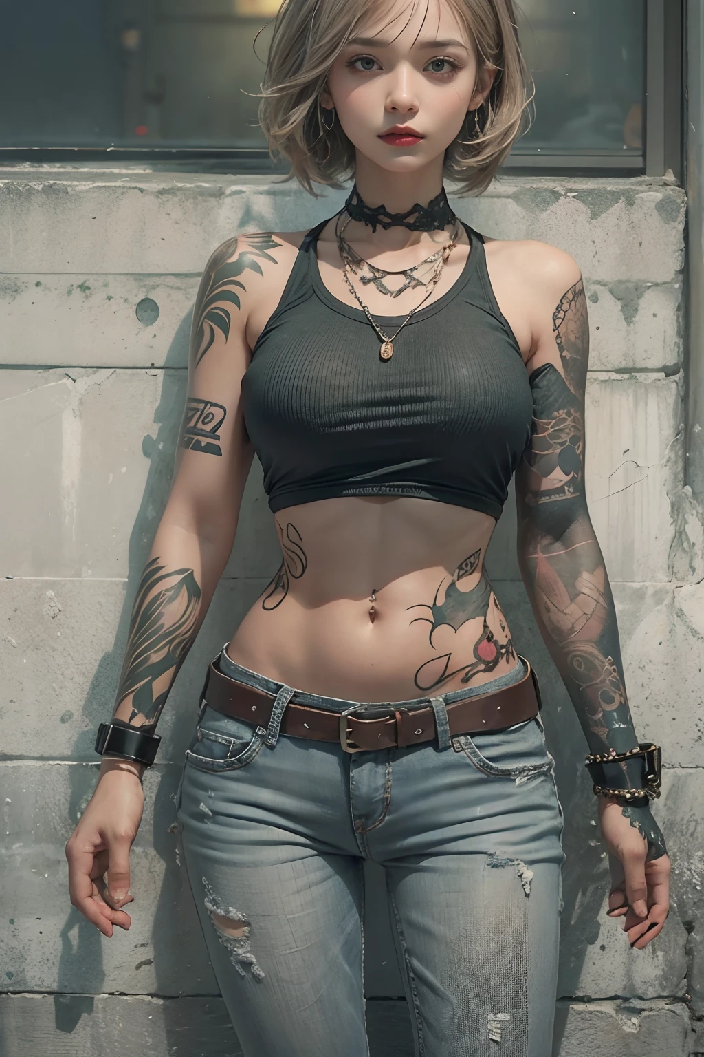 nsfw、cowboy shot、((Smoking))、earrings、girl wearing a dark gray tank top、Smoke a cigarette, Cool brown eyes, displeased look、abs、(cargo pants)、Hairstyle with raised bangs、The background is the roof of a building、((((lots of tattoos))))、(super big breasts)、(((underboob)))、((delicate pictures)),(Detailed RAW photos of girls), (muste piece:1.25), (best quality:1.6), (ultra high resolution:1.5), (It's photorealistic:1.75), 8K resolution,:1.6), Canon EOS R5, 50mm, disorganized, Super detailed,cinematic lighting、